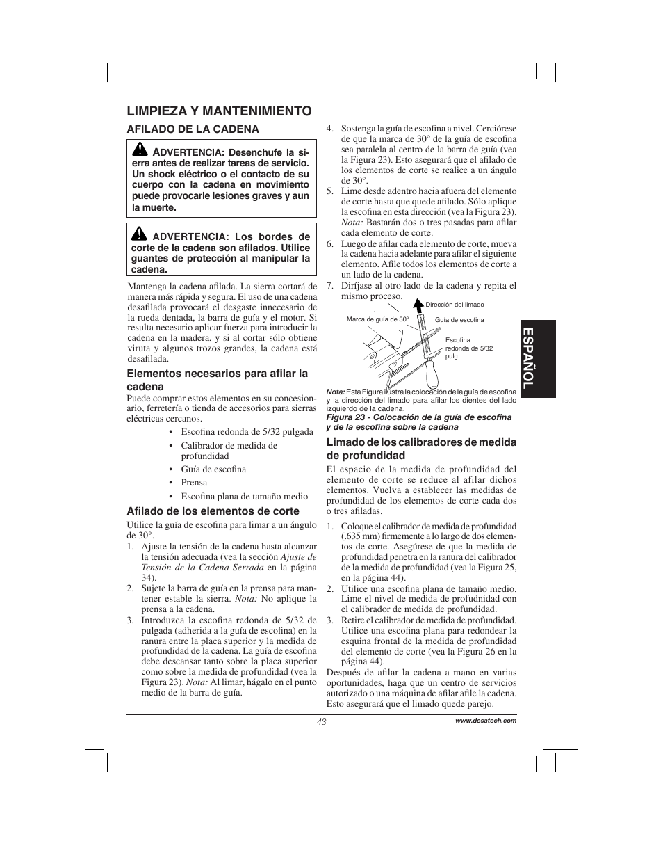 Esp añol, Limpieza y mantenimiento | Remington Power Tools 104317 User Manual | Page 43 / 76