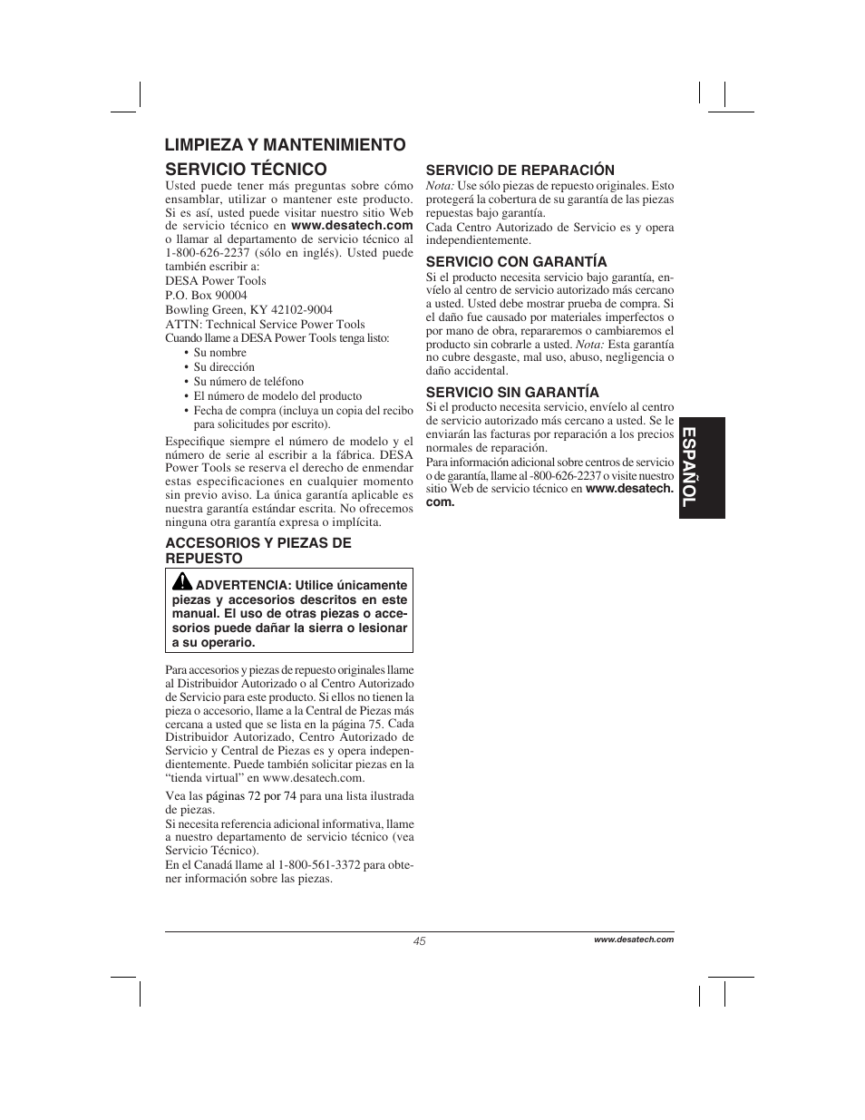 Esp añol limpieza y mantenimiento servicio técnico | Remington Power Tools 104317 User Manual | Page 45 / 76