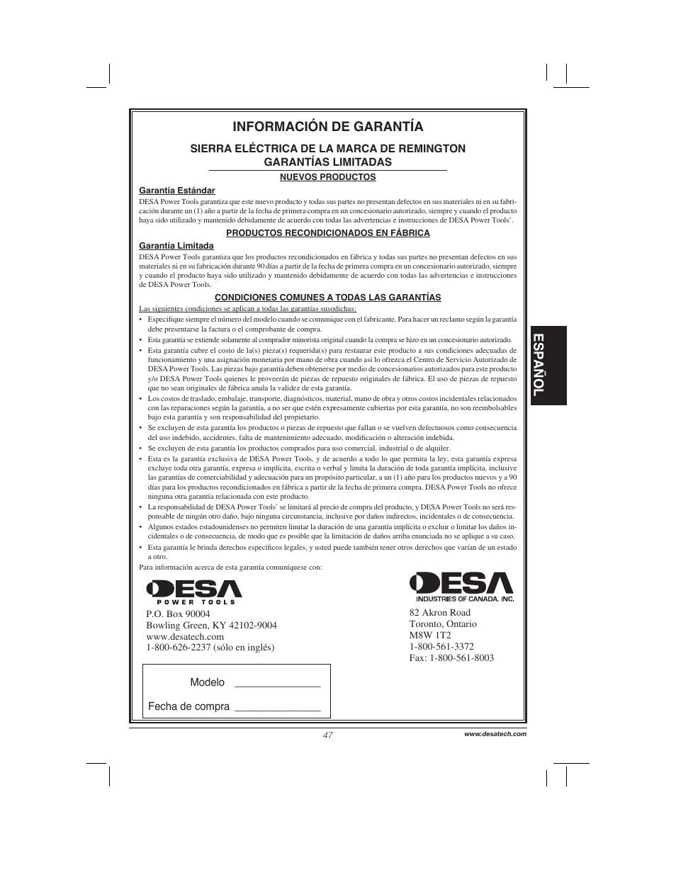 Esp añol, Información de garantía | Remington Power Tools 104317 User Manual | Page 47 / 76