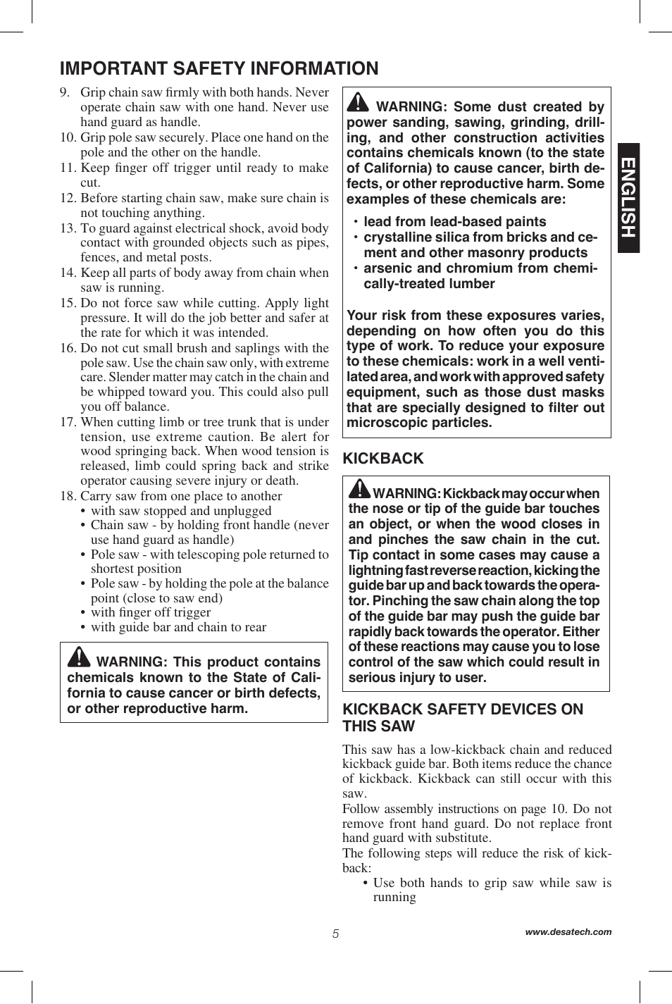 English, Important safety information | Remington Power Tools 104317 User Manual | Page 5 / 76