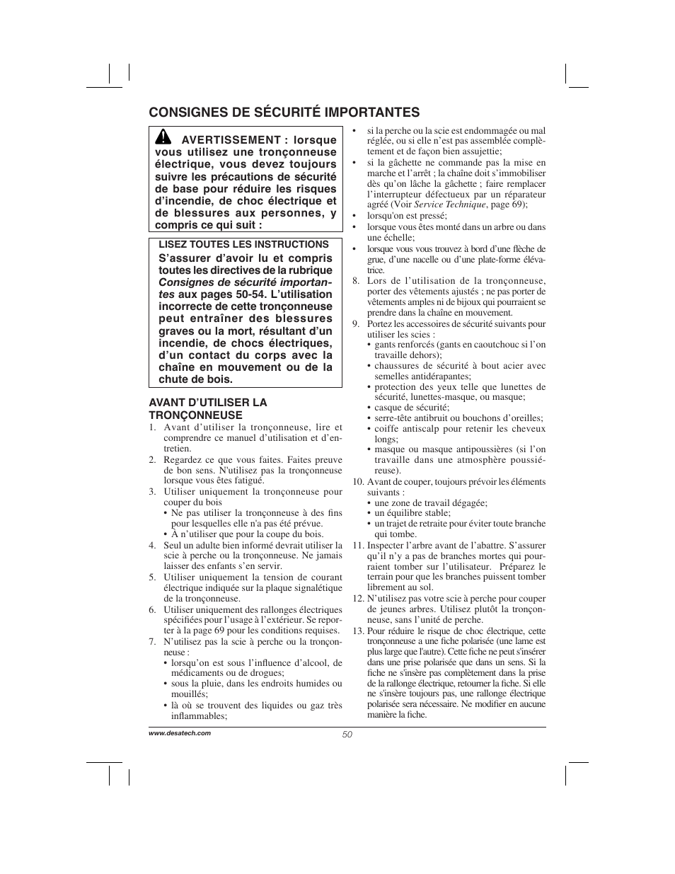 Consignes de sécurité importantes | Remington Power Tools 104317 User Manual | Page 50 / 76