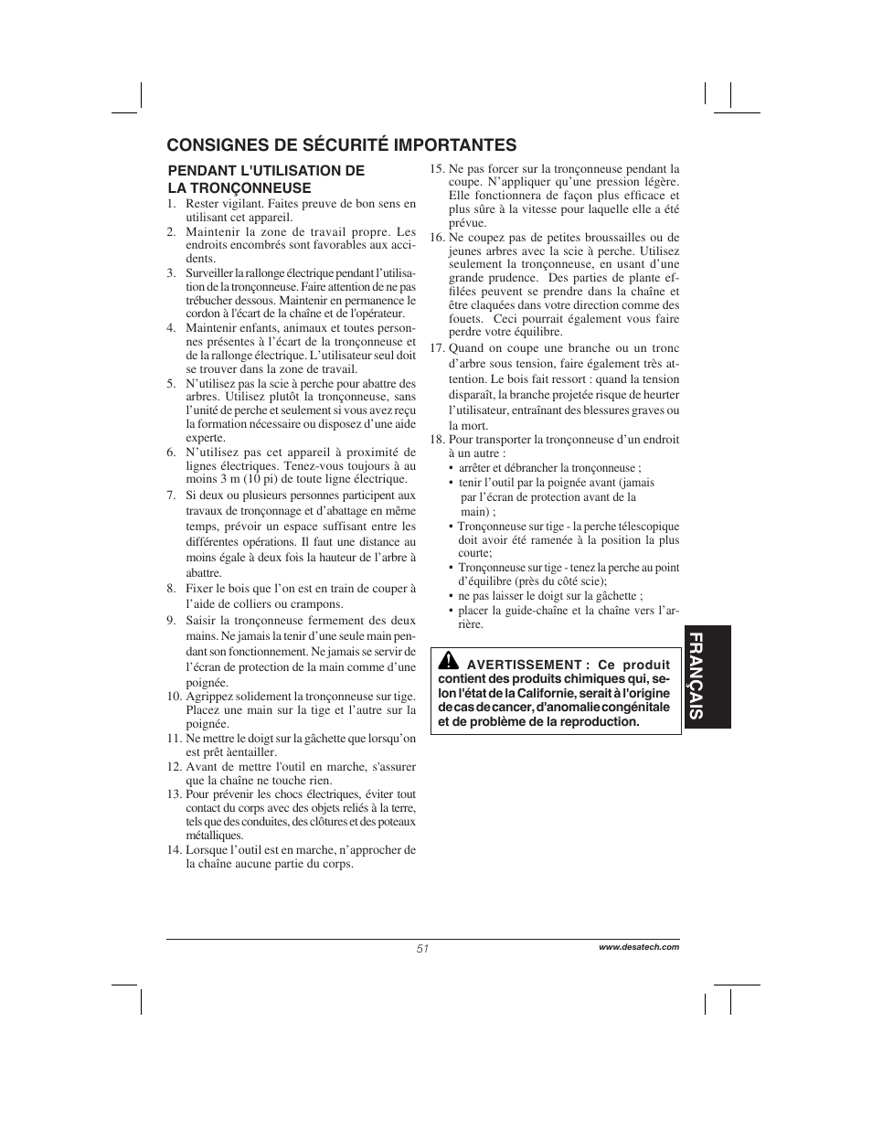 Français, Consignes de sécurité importantes | Remington Power Tools 104317 User Manual | Page 51 / 76