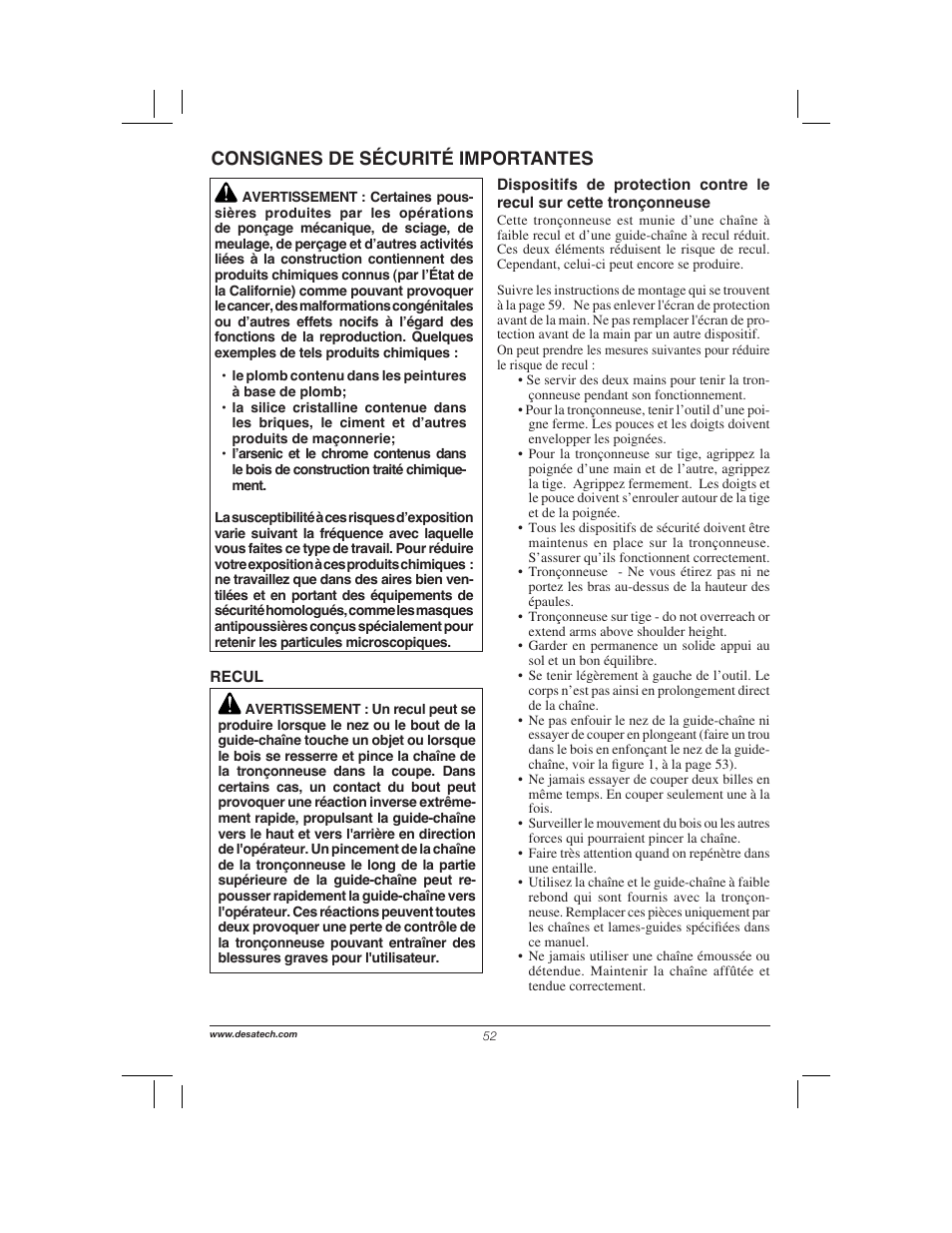 Consignes de sécurité importantes | Remington Power Tools 104317 User Manual | Page 52 / 76