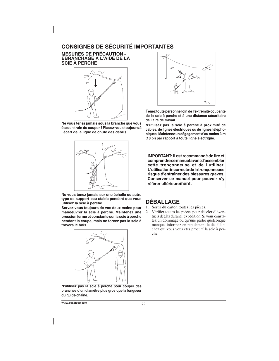 Déballage, Consignes de sécurité importantes | Remington Power Tools 104317 User Manual | Page 54 / 76