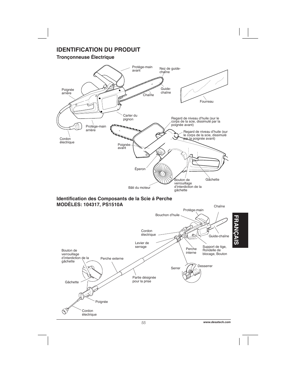 Français, Identification du produit, Tronçonneuse électrique | Remington Power Tools 104317 User Manual | Page 55 / 76