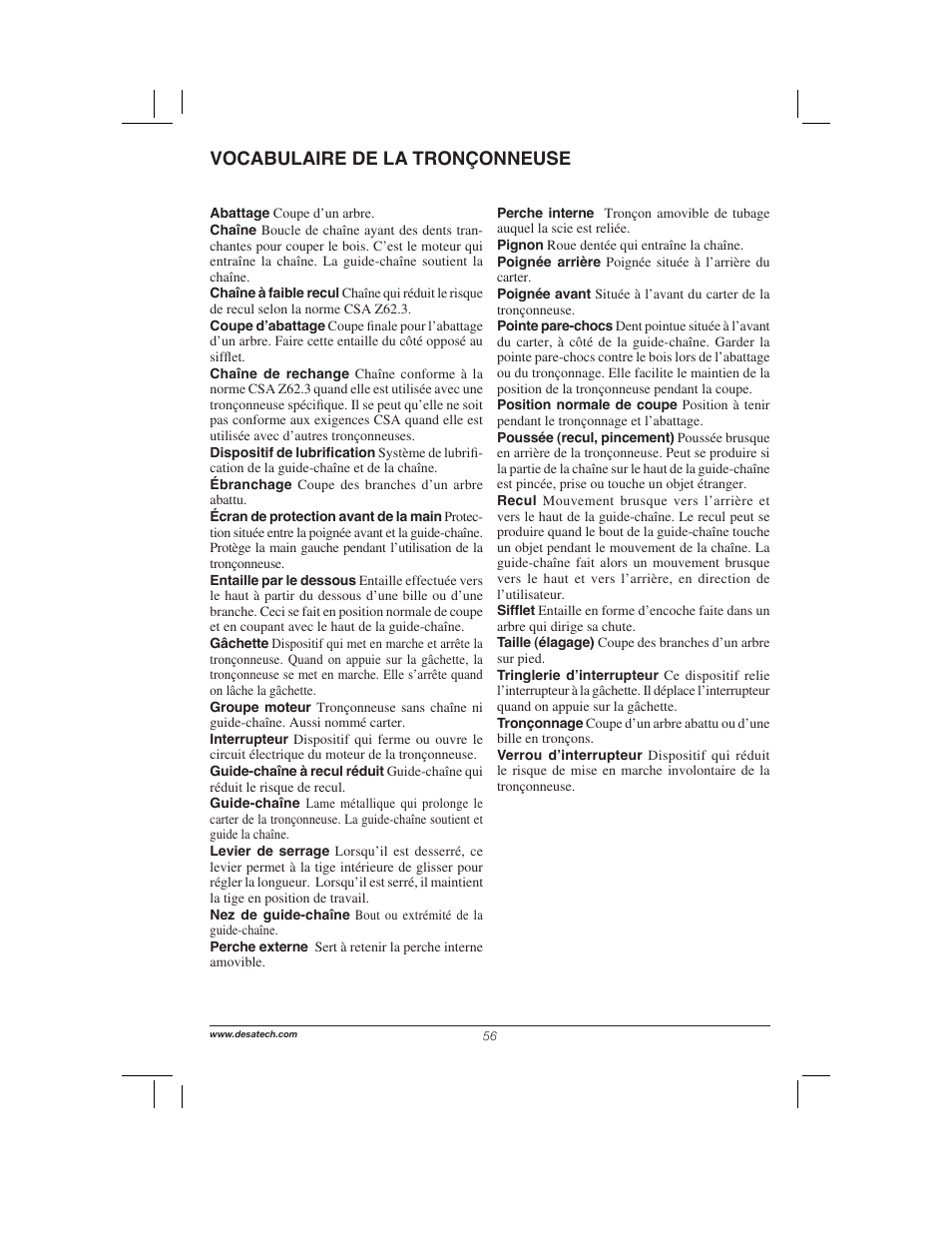 Vocabulaire de la tronçonneuse | Remington Power Tools 104317 User Manual | Page 56 / 76