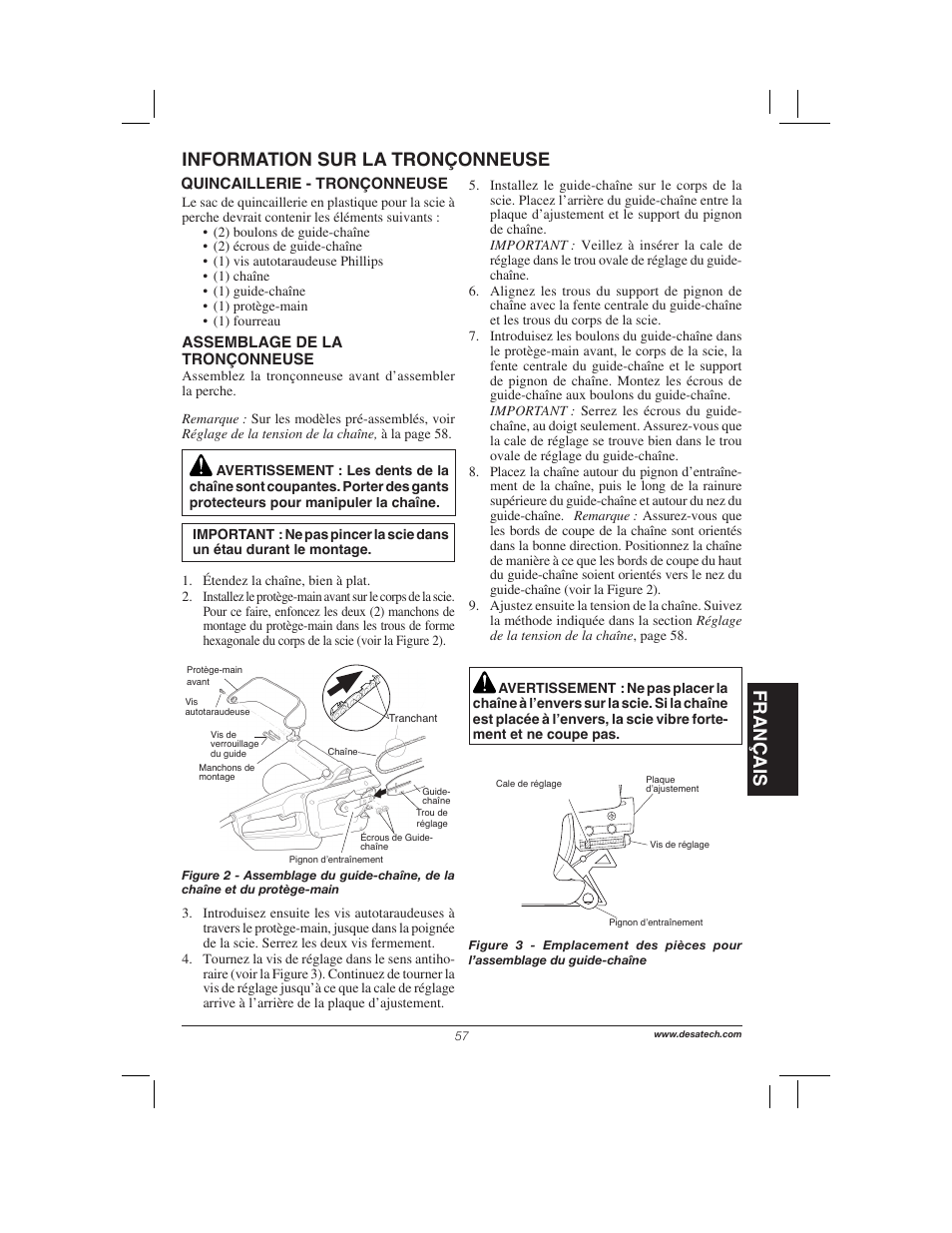 Français information sur la tronçonneuse | Remington Power Tools 104317 User Manual | Page 57 / 76