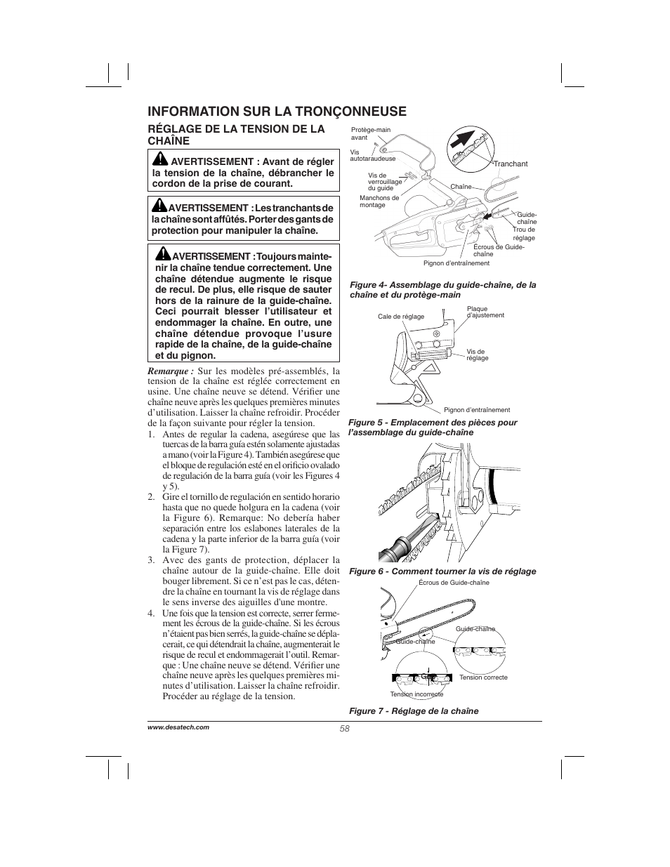 Information sur la tronçonneuse, Réglage de la tension de la chaîne | Remington Power Tools 104317 User Manual | Page 58 / 76