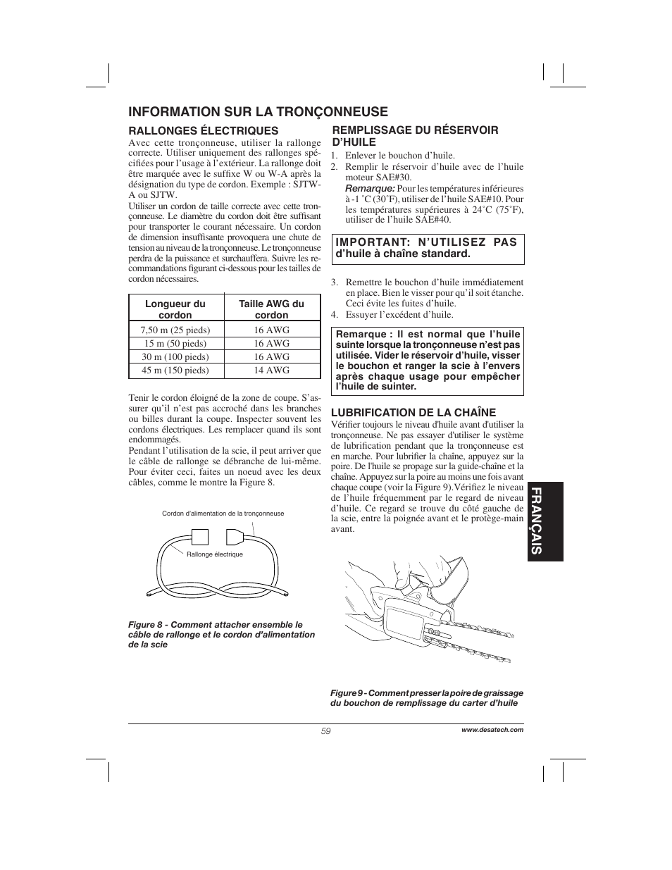 Français, Information sur la tronçonneuse | Remington Power Tools 104317 User Manual | Page 59 / 76