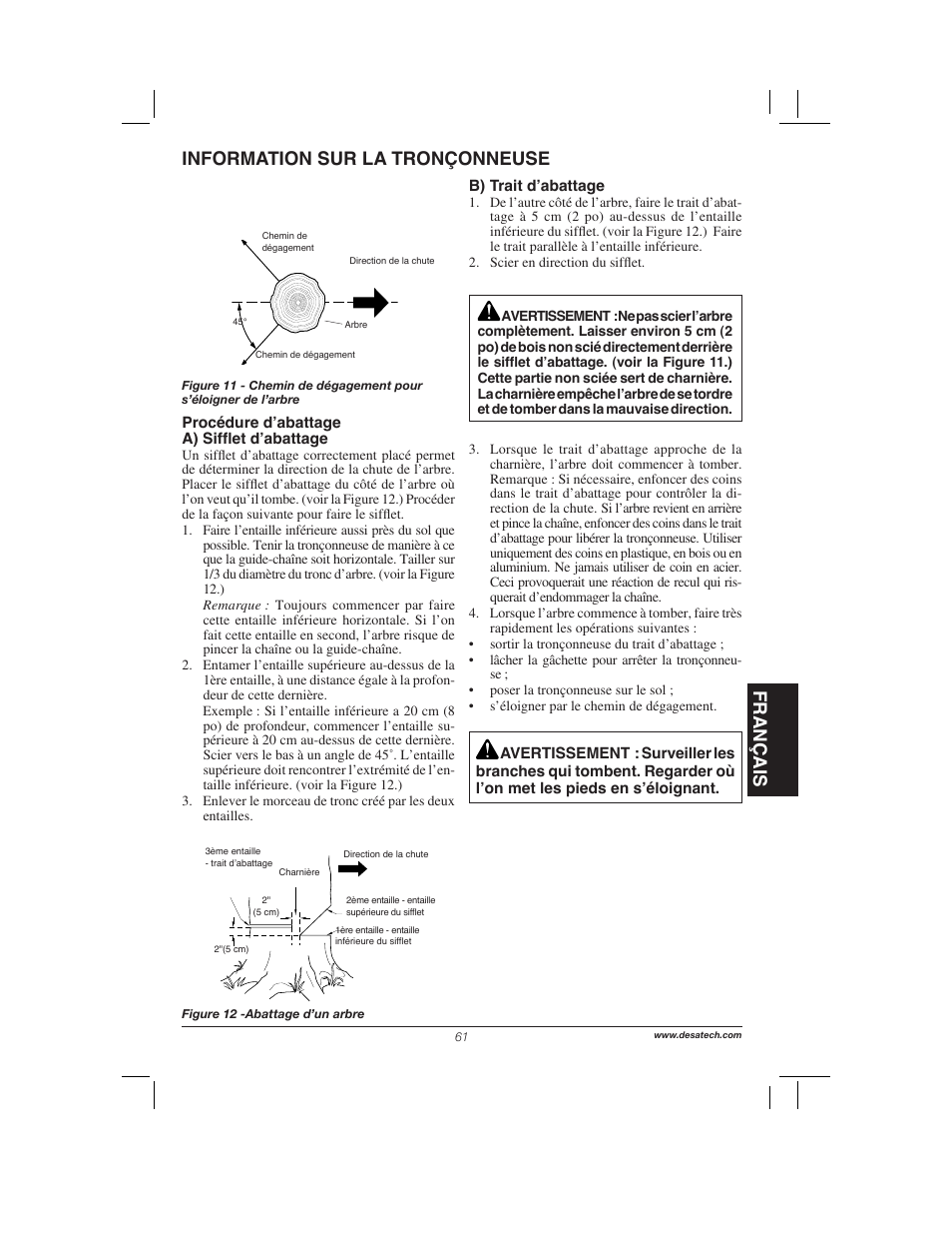 Français, Information sur la tronçonneuse | Remington Power Tools 104317 User Manual | Page 61 / 76