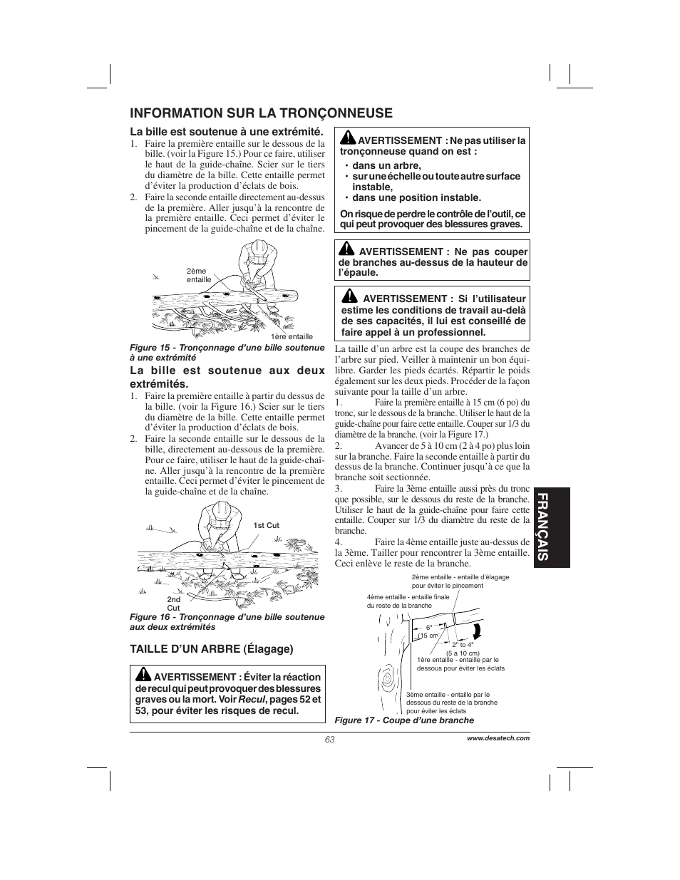 Français, Information sur la tronçonneuse | Remington Power Tools 104317 User Manual | Page 63 / 76