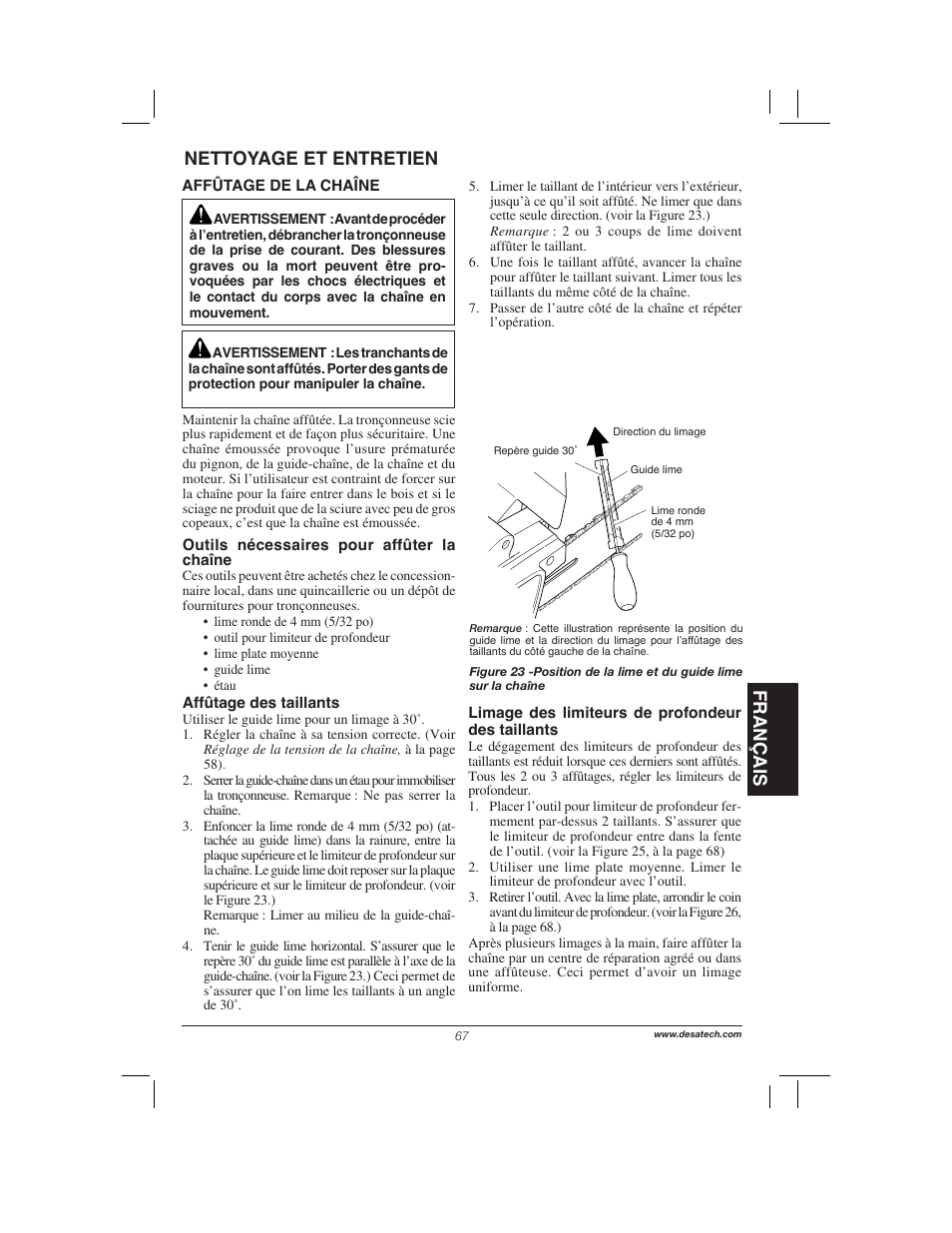 Français, Nettoyage et entretien | Remington Power Tools 104317 User Manual | Page 67 / 76