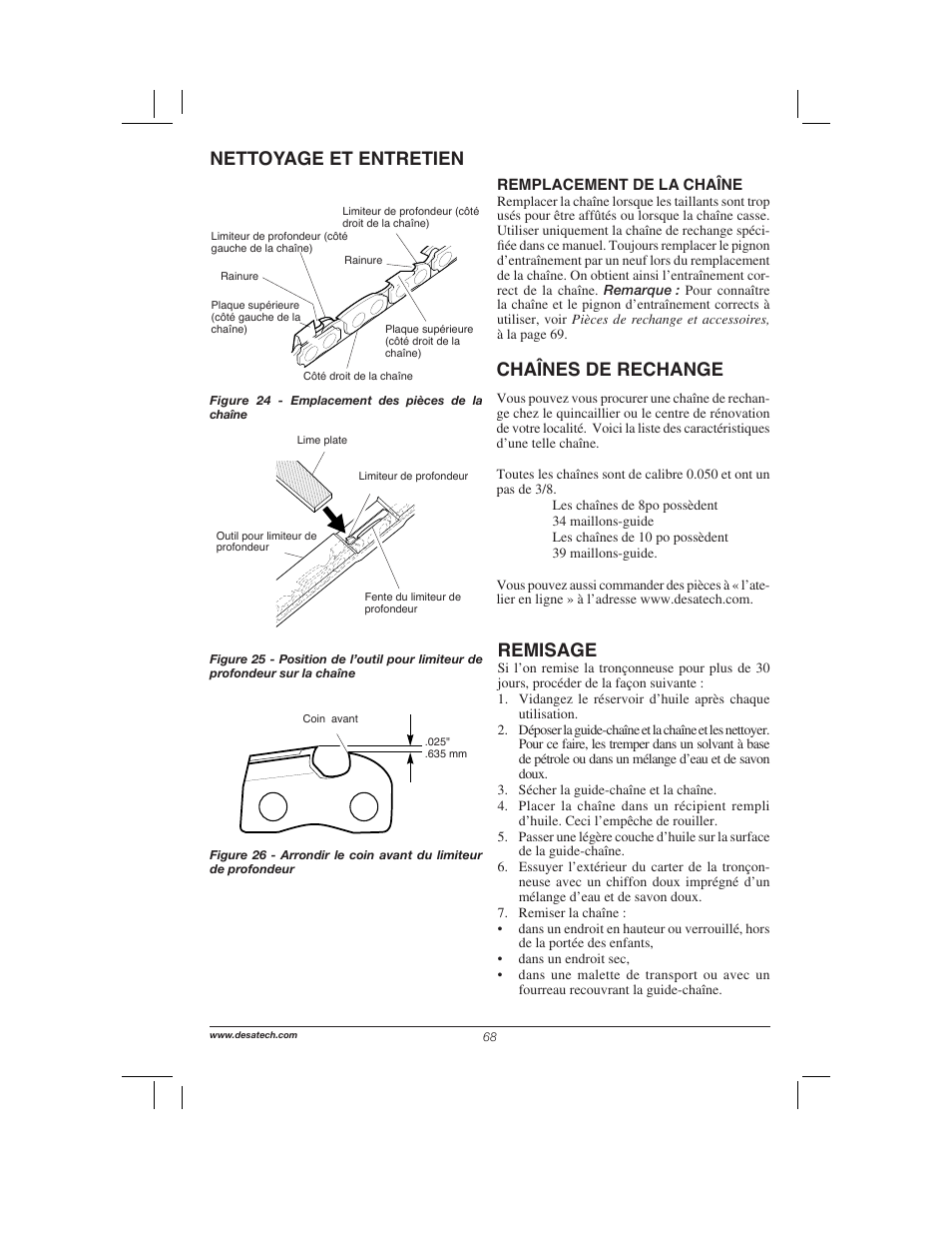 Remisage, Nettoyage et entretien, Chaînes de rechange | Remington Power Tools 104317 User Manual | Page 68 / 76