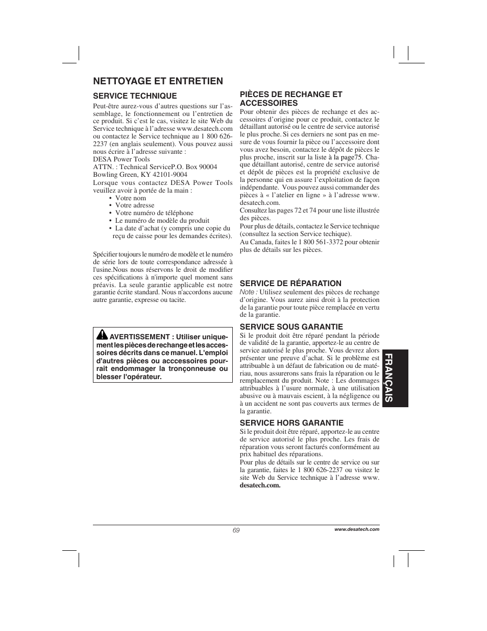 Français, Nettoyage et entretien | Remington Power Tools 104317 User Manual | Page 69 / 76