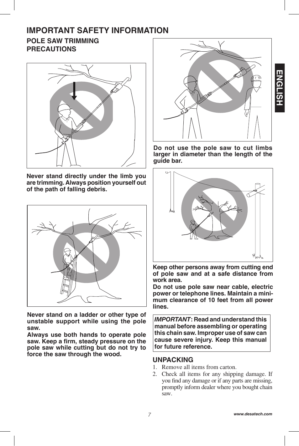 English, Important safety information | Remington Power Tools 104317 User Manual | Page 7 / 76