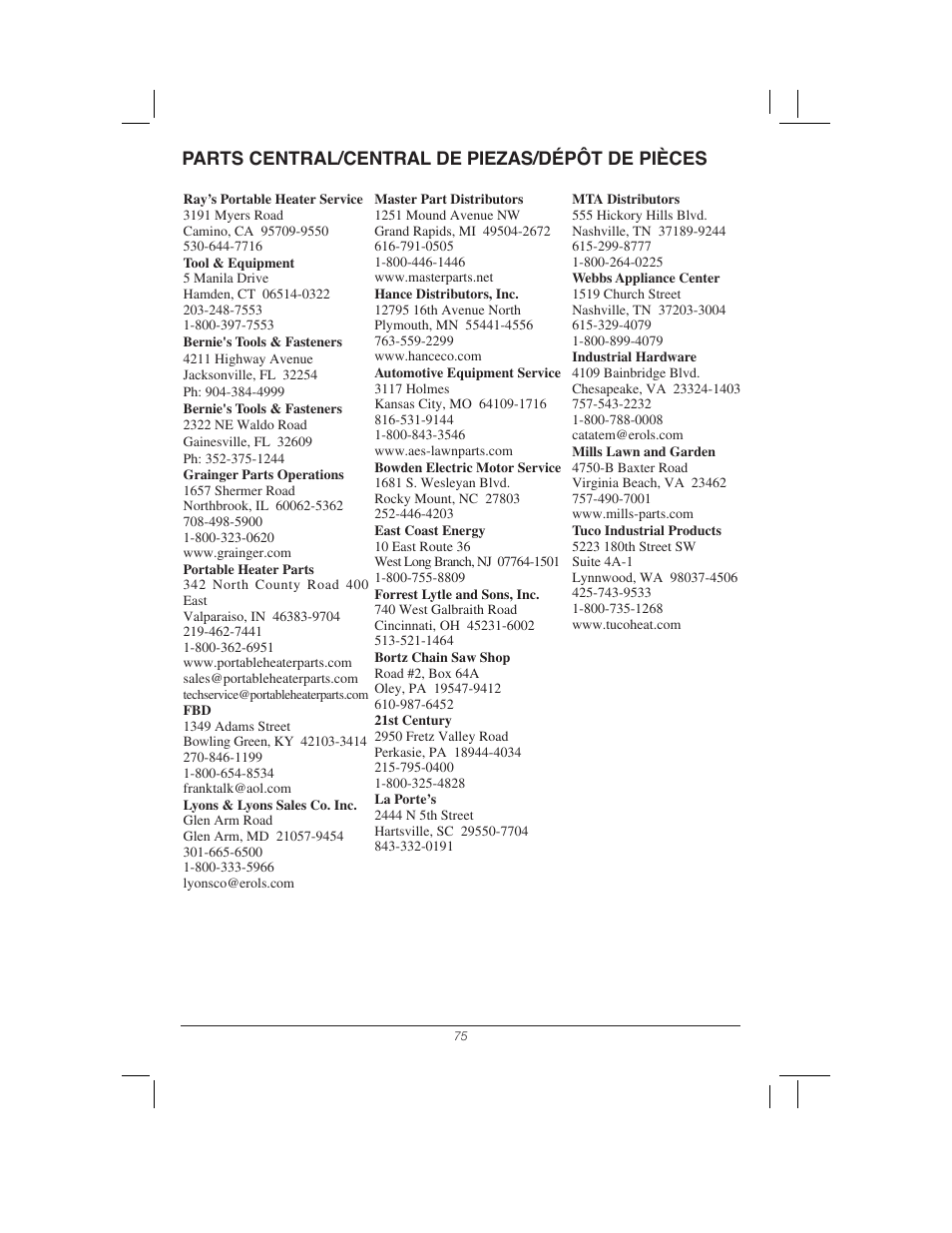 Parts central/central de piezas/dépôt de pièces | Remington Power Tools 104317 User Manual | Page 75 / 76