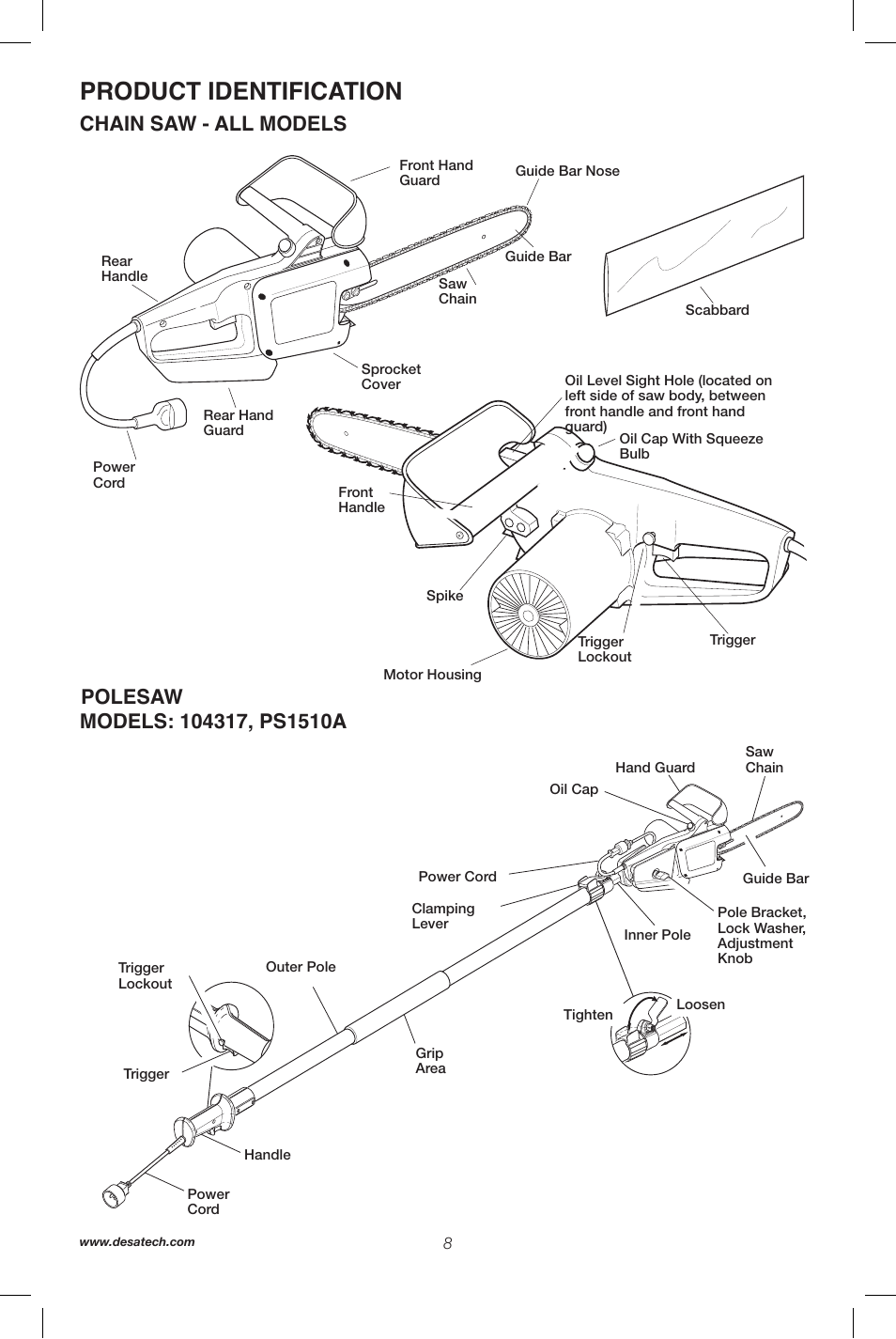 Product identification, Chain saw - all models | Remington Power Tools 104317 User Manual | Page 8 / 76