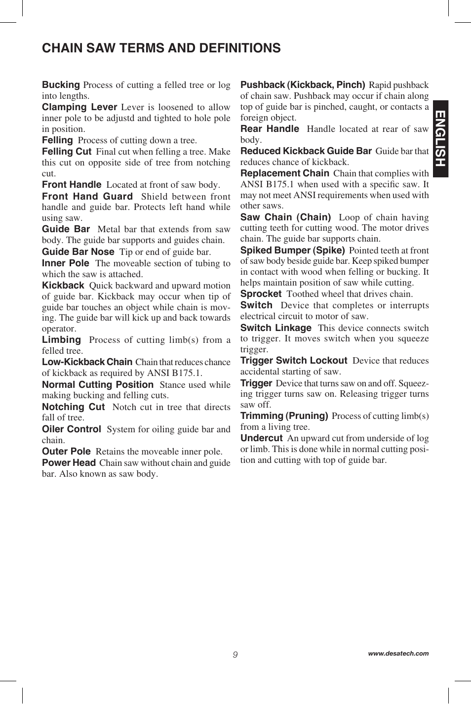 English, Chain saw terms and definitions | Remington Power Tools 104317 User Manual | Page 9 / 76