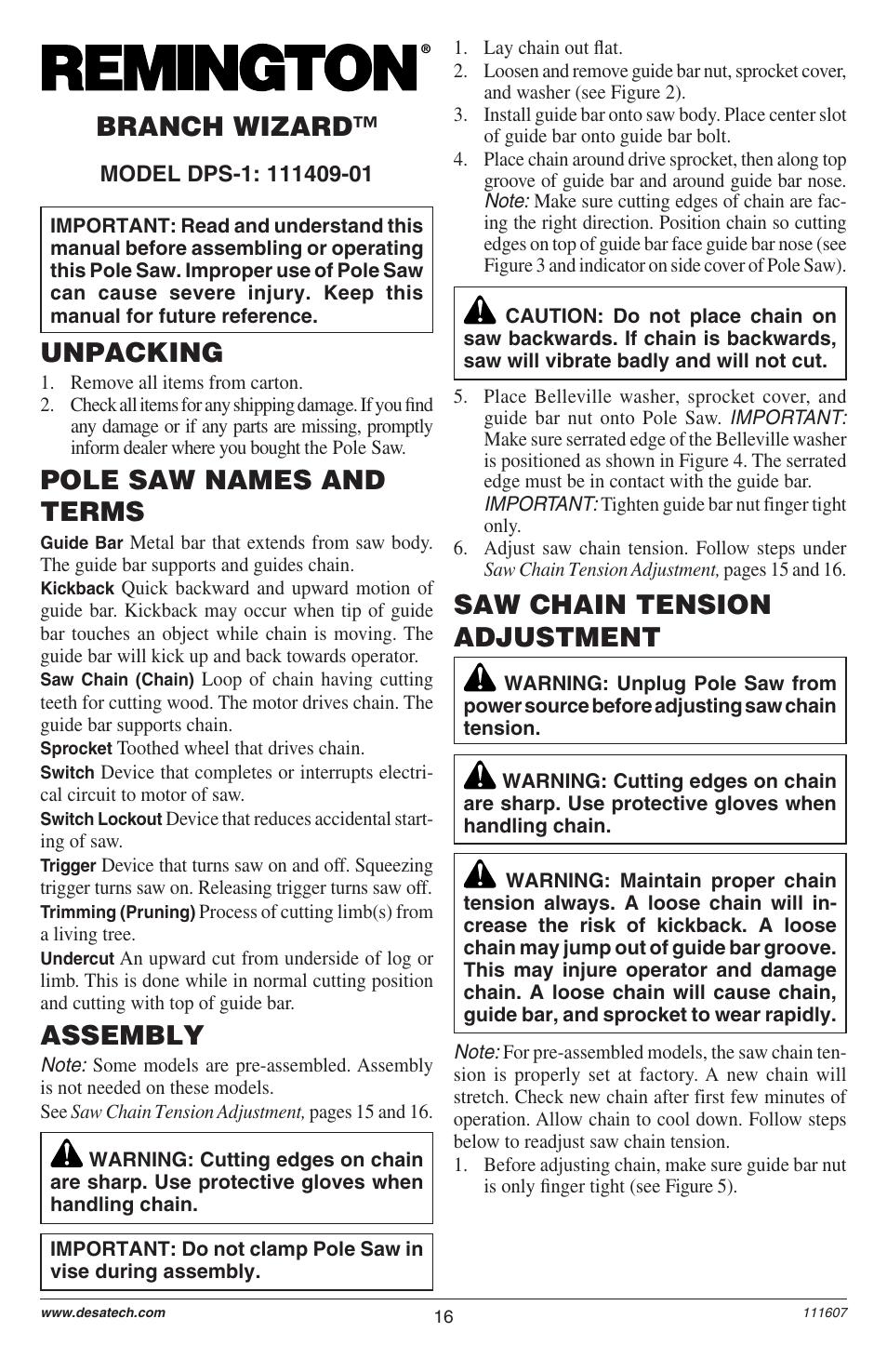 Unpacking, Pole saw names and terms, Branch wizard™ assembly | Saw chain tension adjustment | Remington Power Tools BRANCH WIZARD DPS-1: 111409-01 User Manual | Page 16 / 40