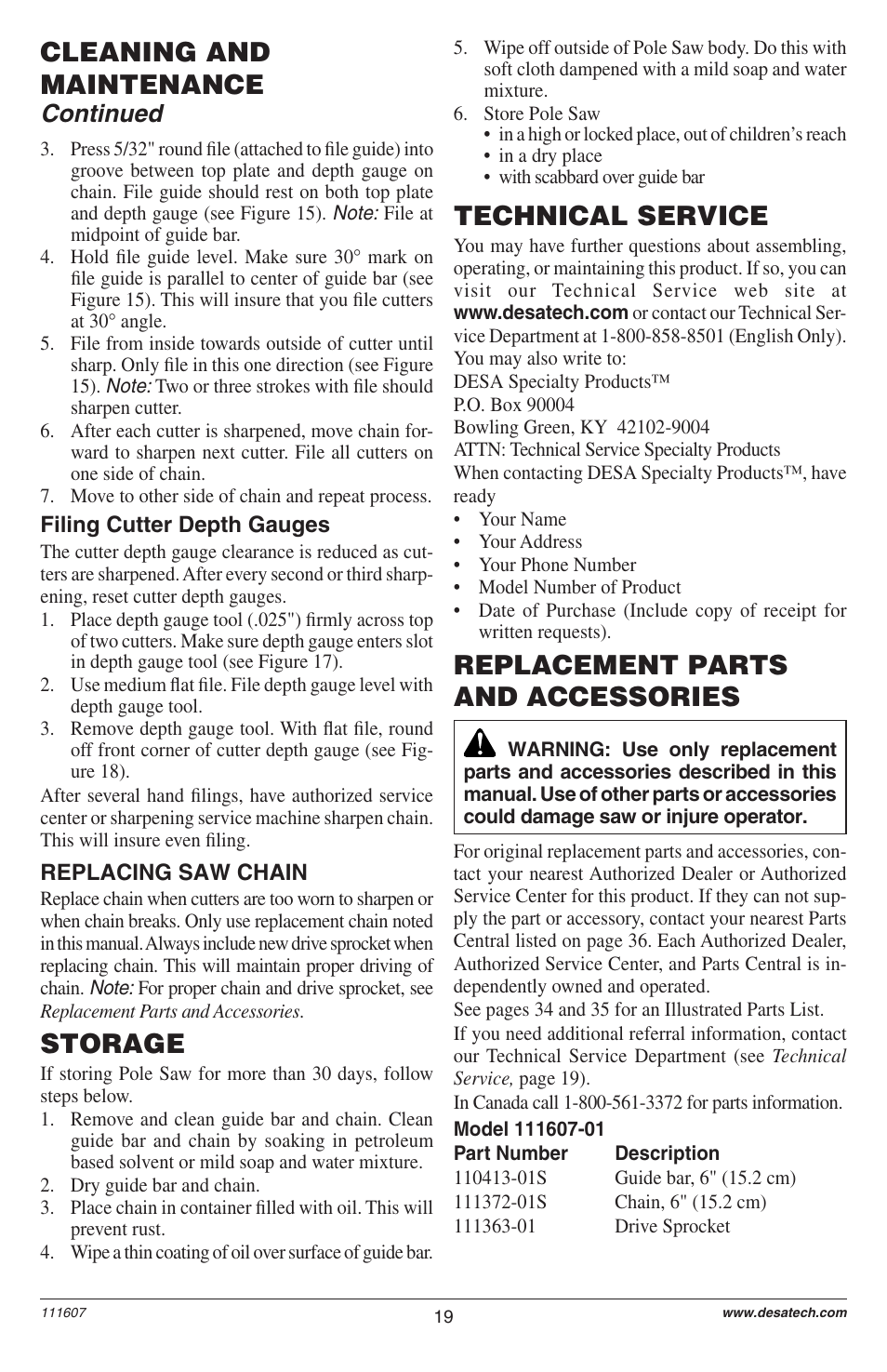 Storage, Cleaning and maintenance, Technical service | Replacement parts and accessories, Continued | Remington Power Tools BRANCH WIZARD DPS-1: 111409-01 User Manual | Page 19 / 40