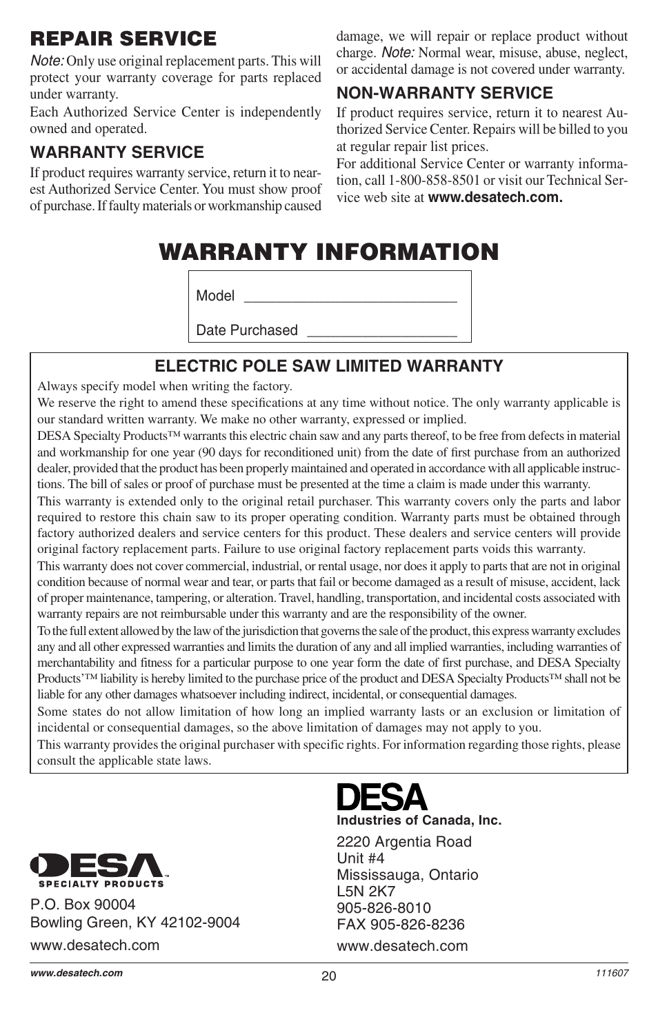 Warranty information, Repair service | Remington Power Tools BRANCH WIZARD DPS-1: 111409-01 User Manual | Page 20 / 40