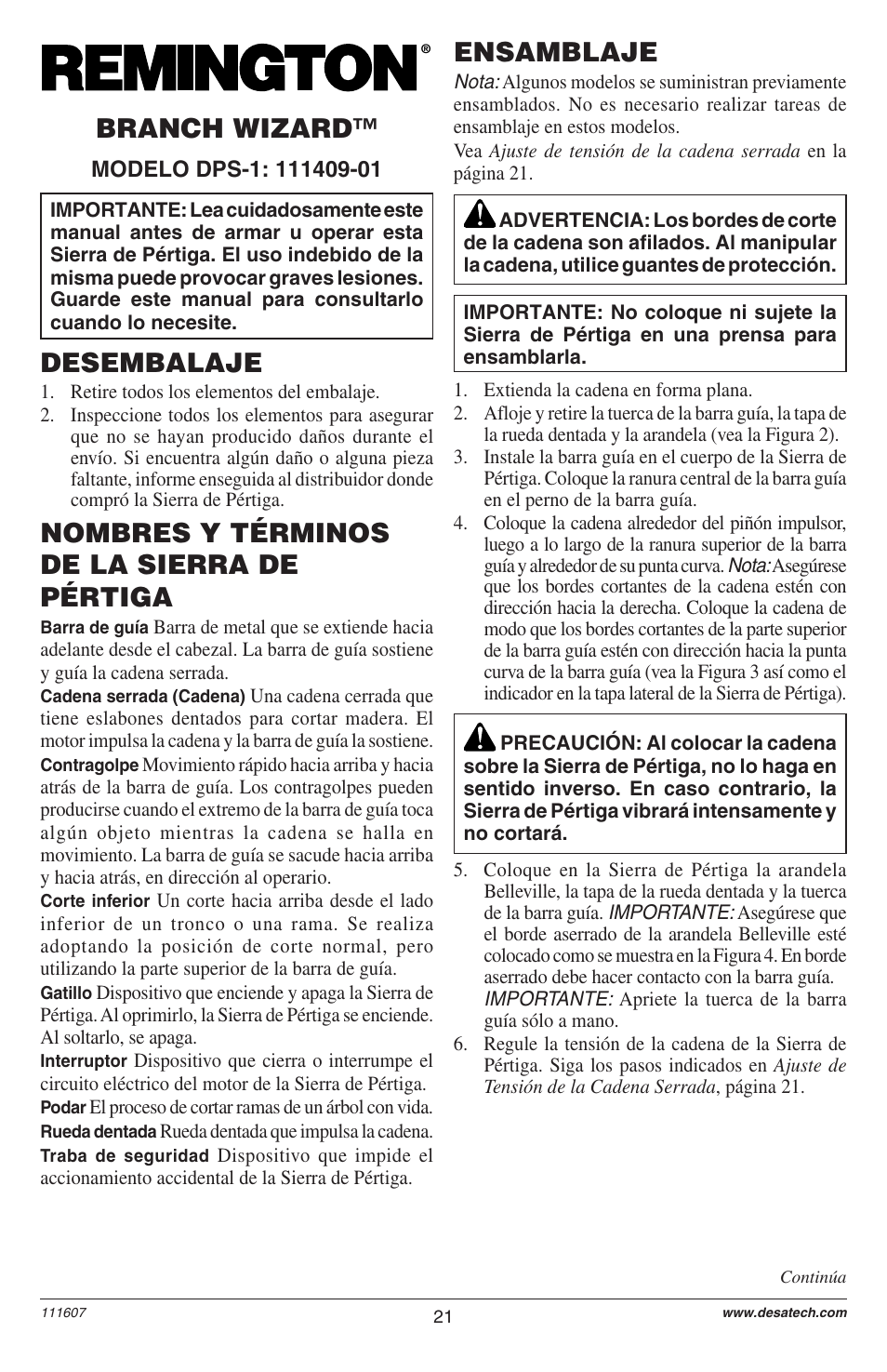 Desembalaje, Ensamblaje | Remington Power Tools BRANCH WIZARD DPS-1: 111409-01 User Manual | Page 21 / 40