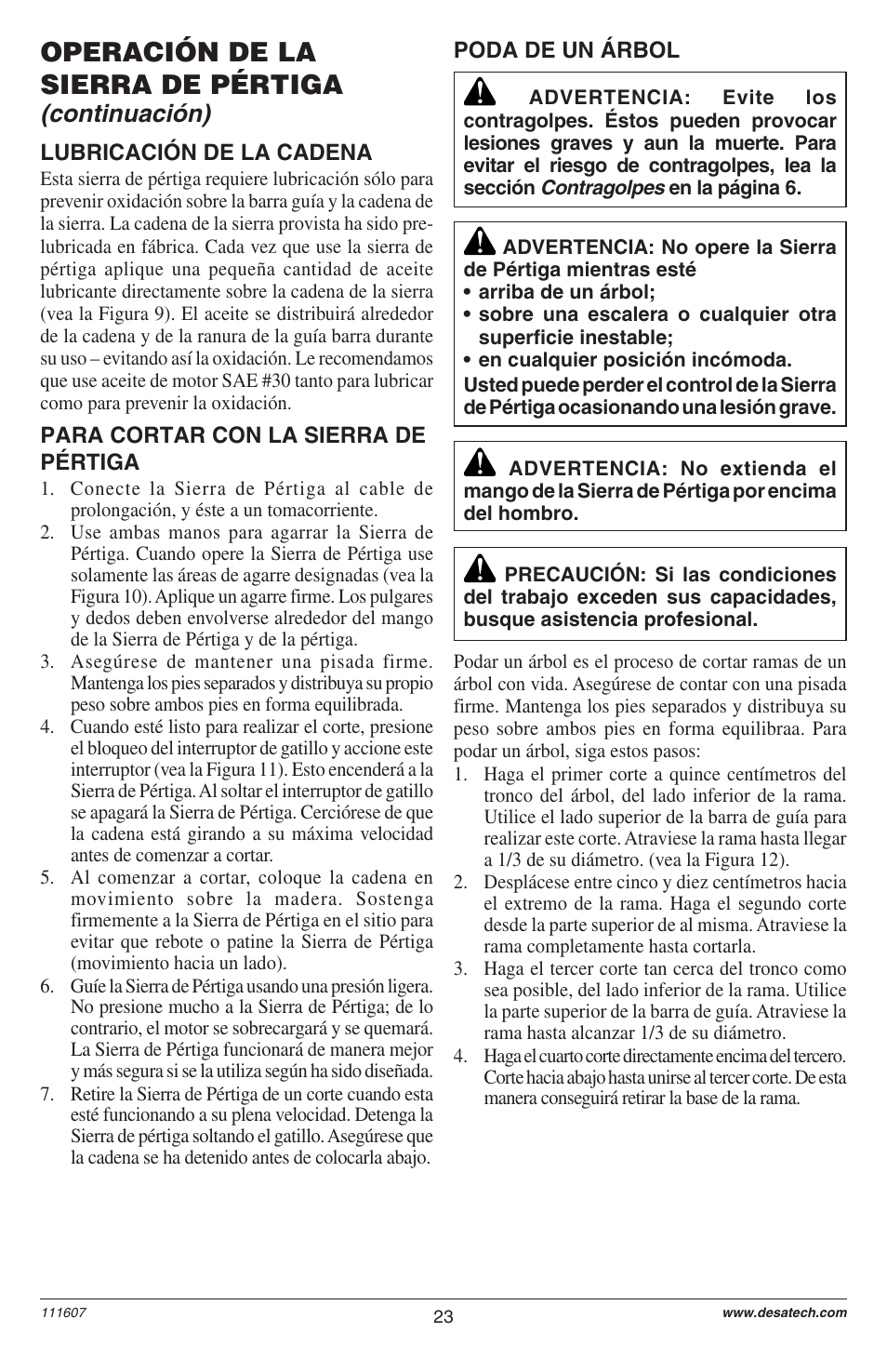 Operación de la sierra de pértiga, Continuación) | Remington Power Tools BRANCH WIZARD DPS-1: 111409-01 User Manual | Page 23 / 40