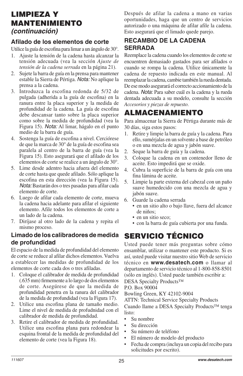 Limpieza y mantenimiento, Almacenamiento, Servicio técnico | Continuación) | Remington Power Tools BRANCH WIZARD DPS-1: 111409-01 User Manual | Page 25 / 40