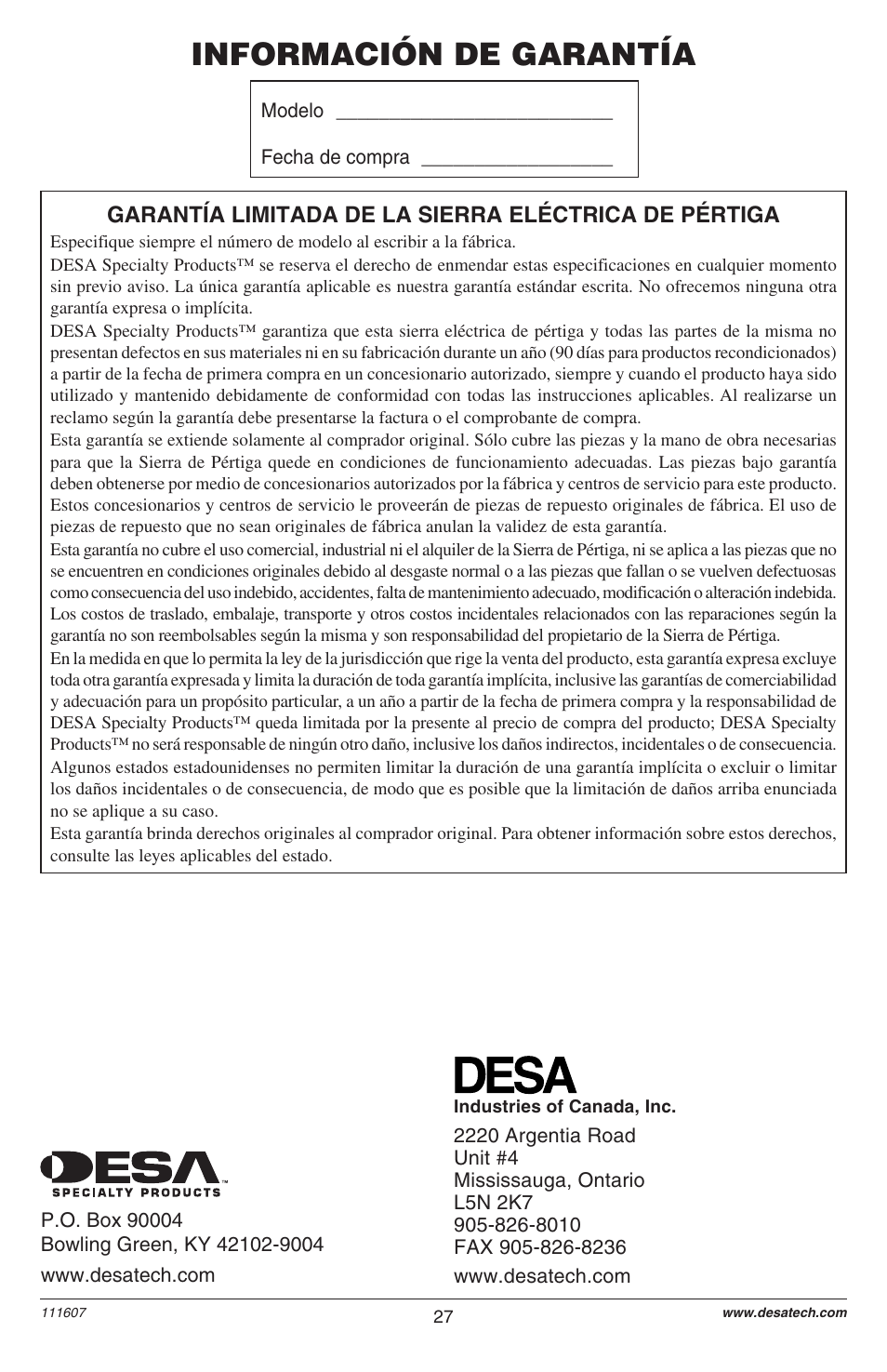Información de garantía | Remington Power Tools BRANCH WIZARD DPS-1: 111409-01 User Manual | Page 27 / 40