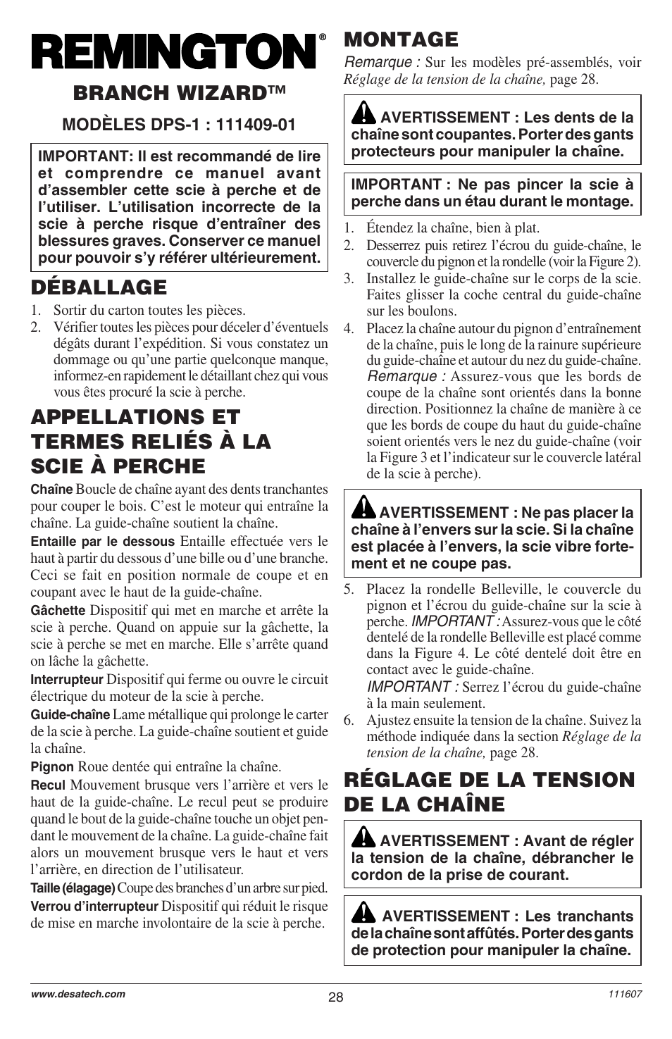 Déballage, Appellations et termes reliés à la scie à perche, Branch wizard | Montage, Réglage de la tension de la chaîne | Remington Power Tools BRANCH WIZARD DPS-1: 111409-01 User Manual | Page 28 / 40