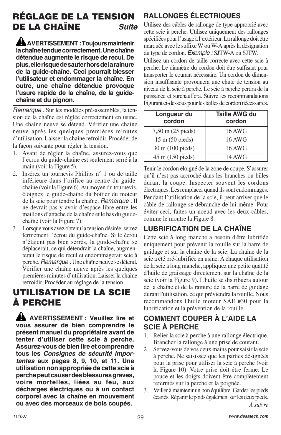Utilisation de la scie à perche, Réglage de la tension de la chaîne, Suite | Remington Power Tools BRANCH WIZARD DPS-1: 111409-01 User Manual | Page 29 / 40