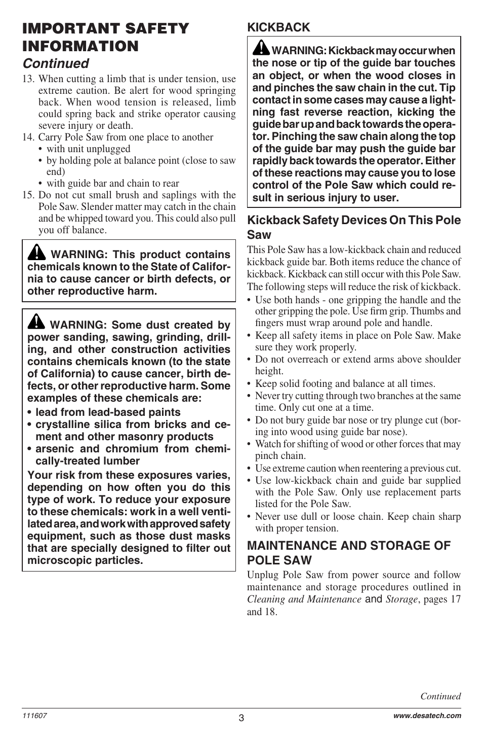 Important safety information, Continued | Remington Power Tools BRANCH WIZARD DPS-1: 111409-01 User Manual | Page 3 / 40