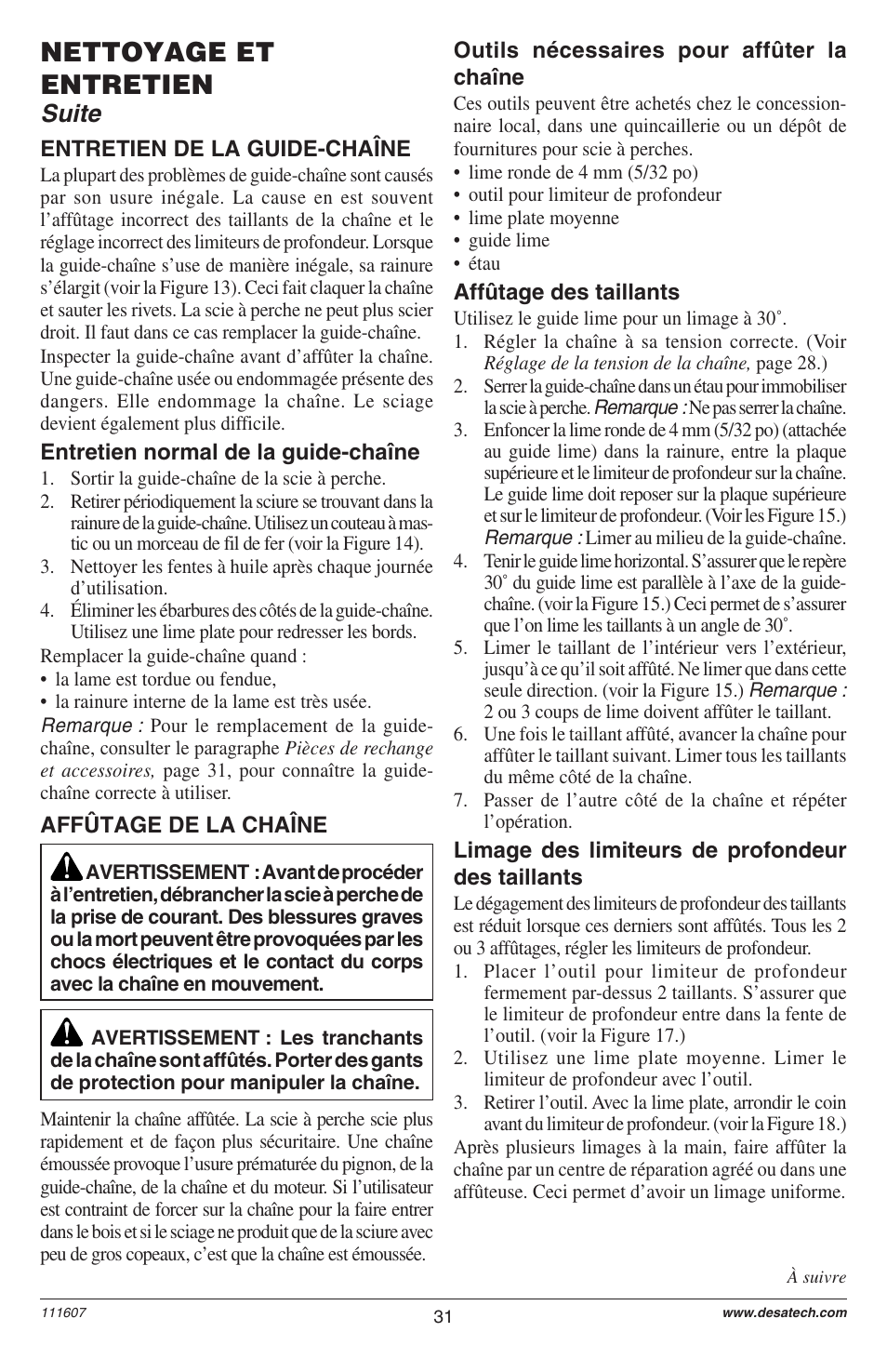 Nettoyage et entretien, Suite | Remington Power Tools BRANCH WIZARD DPS-1: 111409-01 User Manual | Page 31 / 40