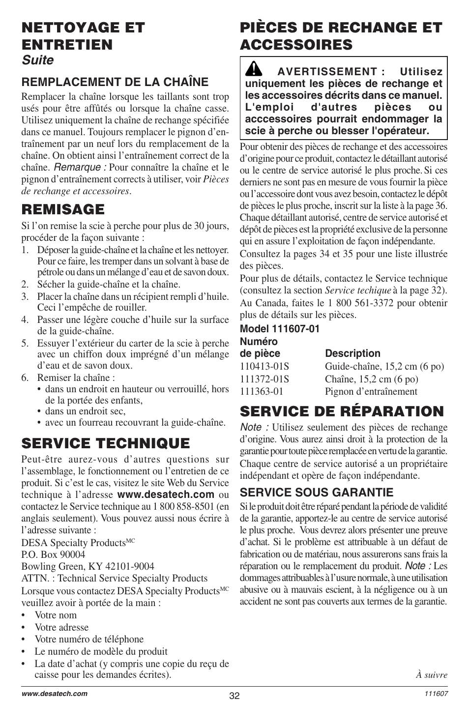 Remisage, Nettoyage et entretien, Service technique | Pièces de rechange et accessoires, Service de réparation, Suite | Remington Power Tools BRANCH WIZARD DPS-1: 111409-01 User Manual | Page 32 / 40