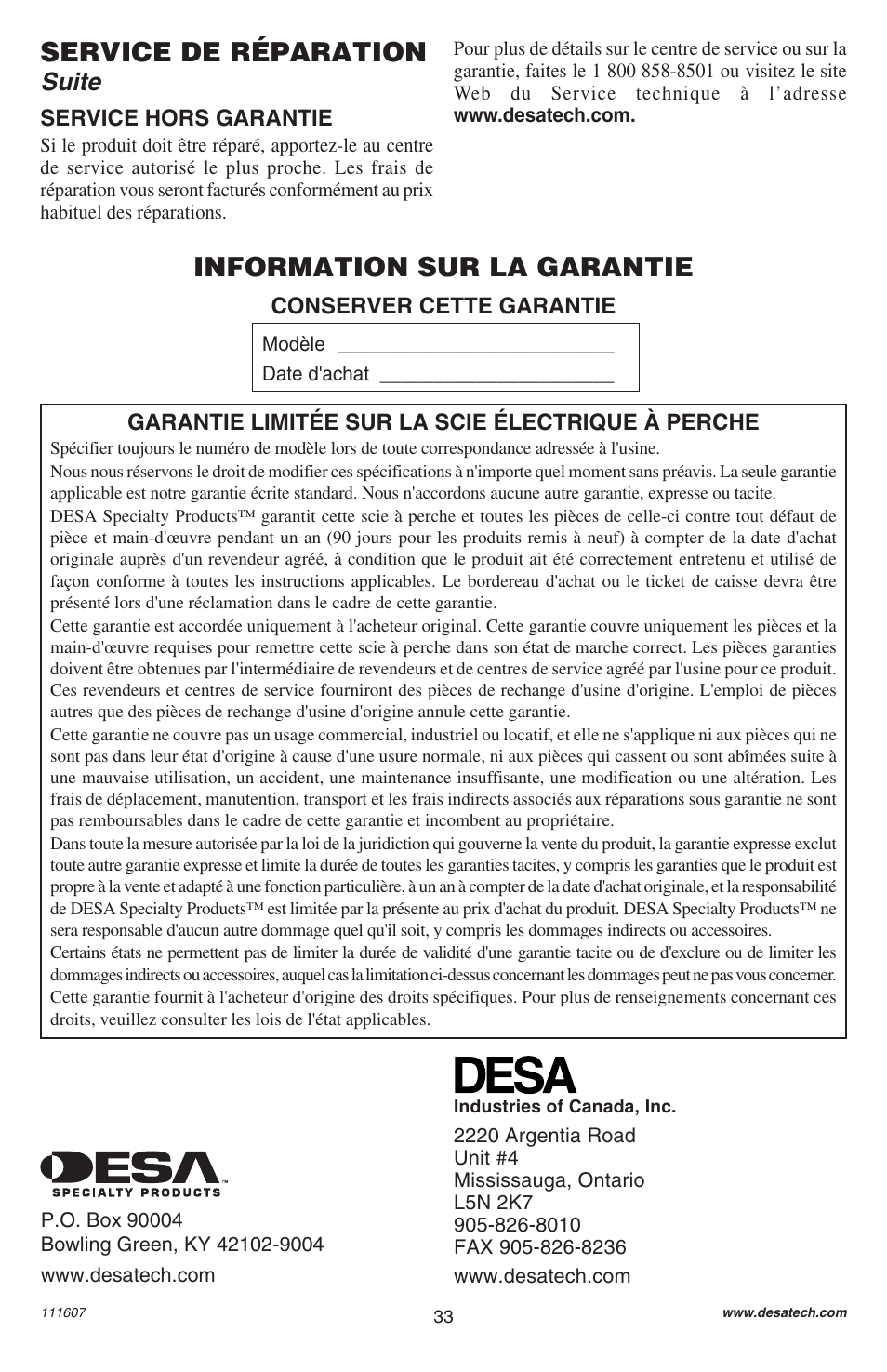 Information sur la garantie, Service de réparation, Suite | Remington Power Tools BRANCH WIZARD DPS-1: 111409-01 User Manual | Page 33 / 40