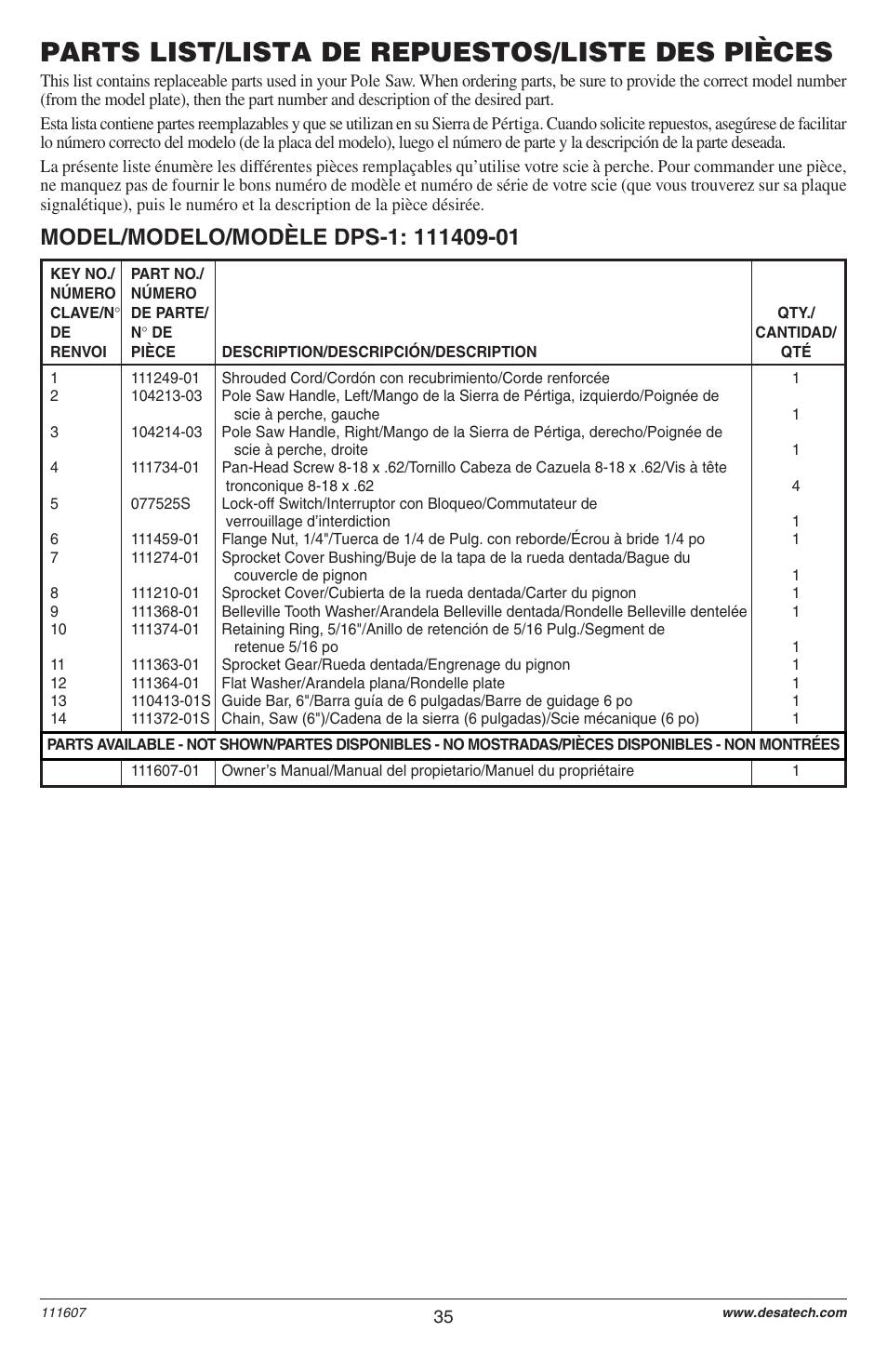 Parts list/lista de repuestos/liste des pièces | Remington Power Tools BRANCH WIZARD DPS-1: 111409-01 User Manual | Page 35 / 40