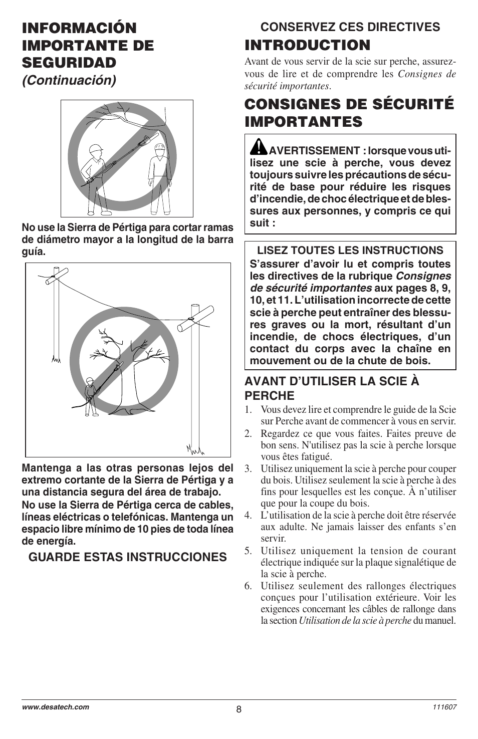 Consignes de sécurité importantes, Introduction, Información importante de seguridad | Continuación) | Remington Power Tools BRANCH WIZARD DPS-1: 111409-01 User Manual | Page 8 / 40