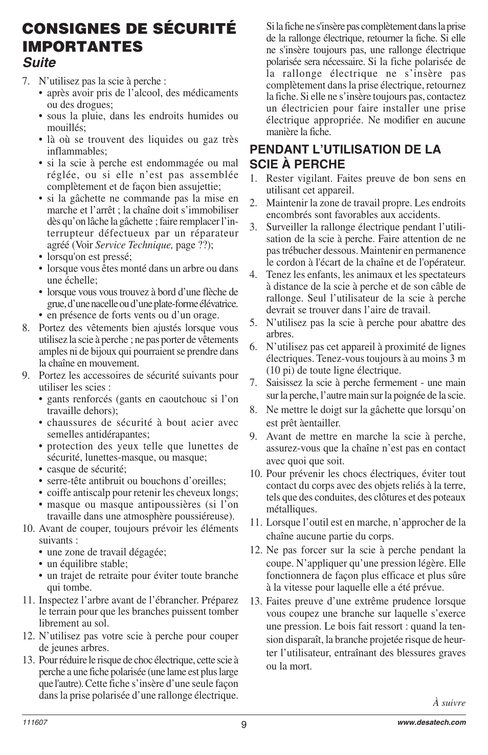 Consignes de sécurité importantes, Suite | Remington Power Tools BRANCH WIZARD DPS-1: 111409-01 User Manual | Page 9 / 40