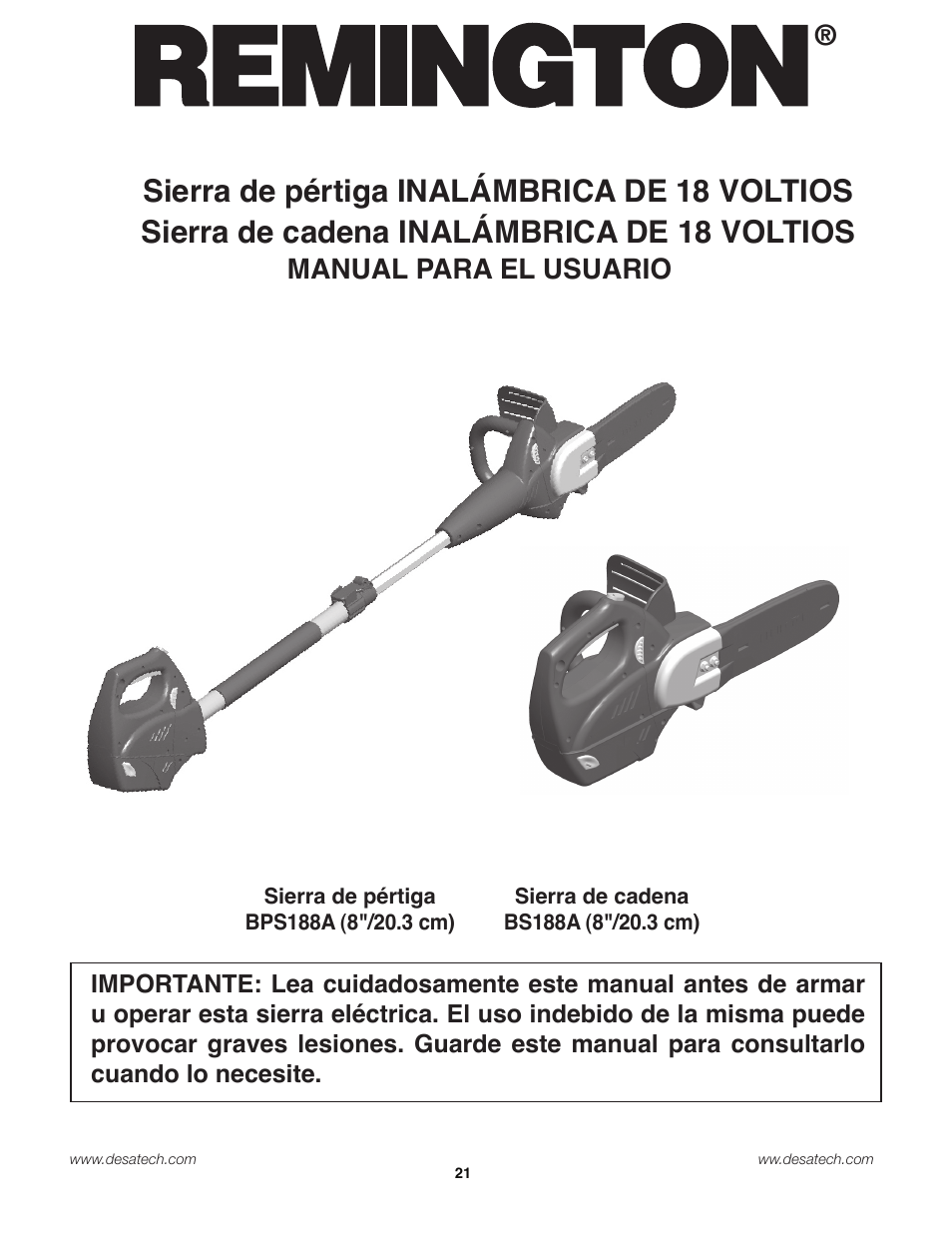 Manual para el usuario | Remington Power Tools 18 Volt Cordless BS188A User Manual | Page 21 / 46