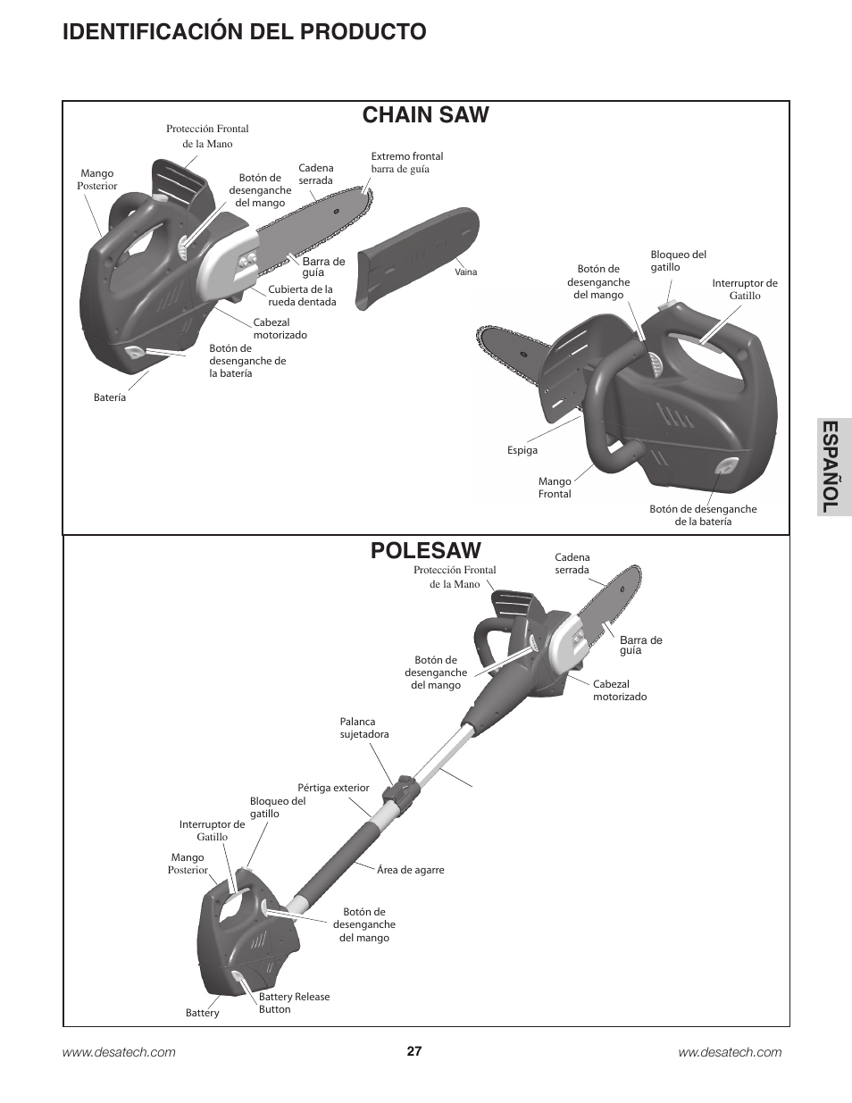 Chain saw, Polesaw, Identificación del producto | Es pa ño l | Remington Power Tools 18 Volt Cordless BS188A User Manual | Page 27 / 46