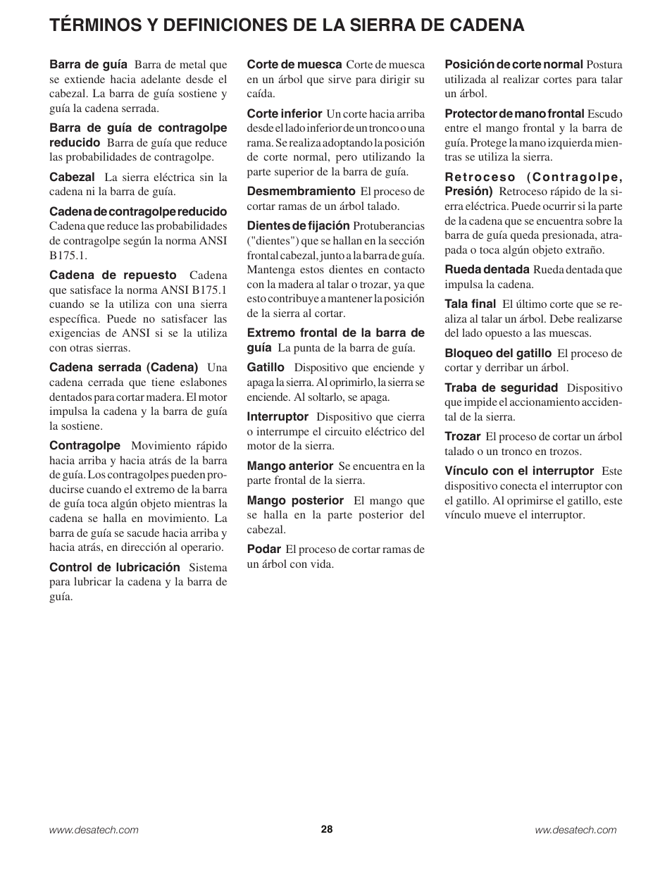 Términos y definiciones de la sierra de cadena | Remington Power Tools 18 Volt Cordless BS188A User Manual | Page 28 / 46