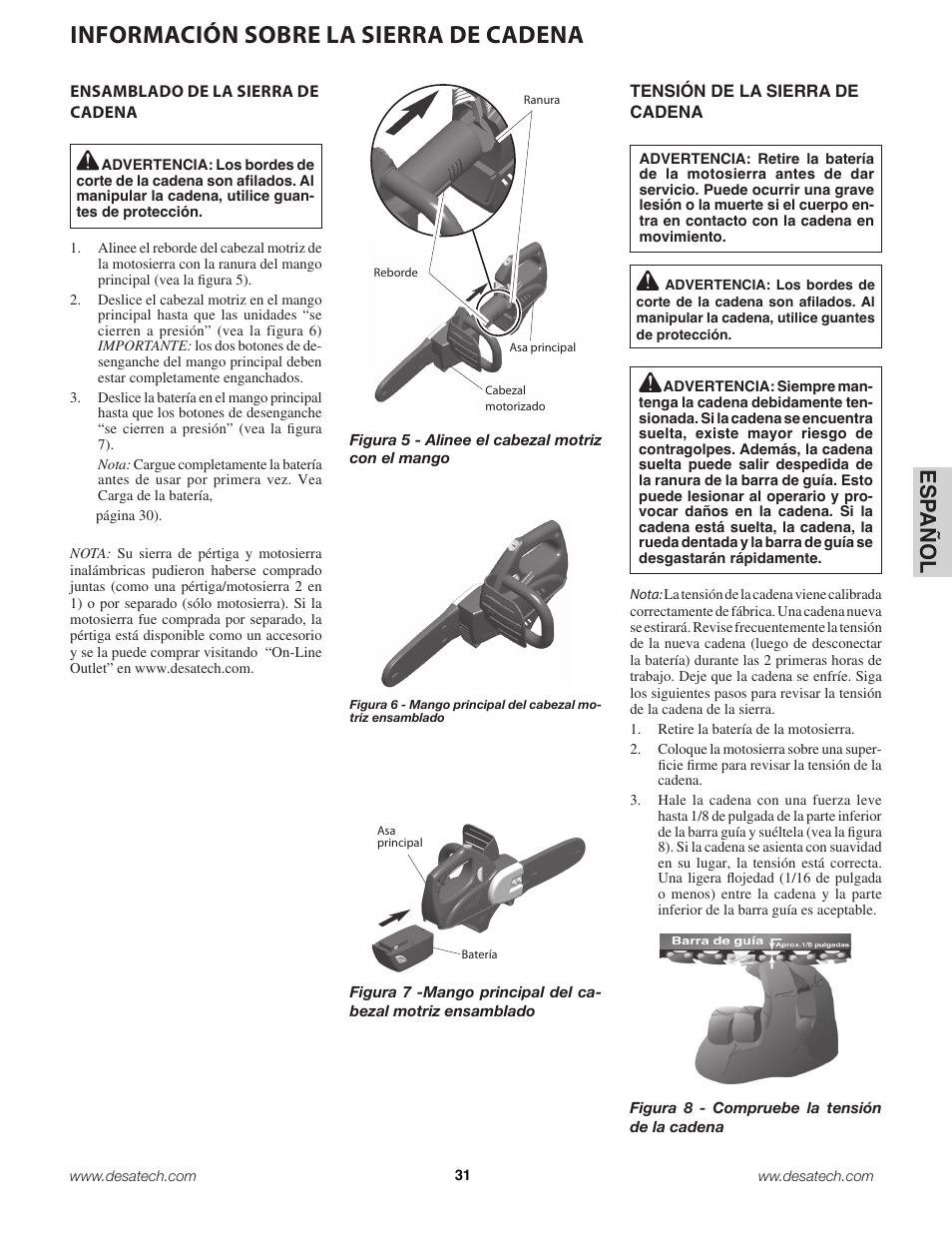 Información sobre la sierra de cadena, Es pa ño l | Remington Power Tools 18 Volt Cordless BS188A User Manual | Page 31 / 46