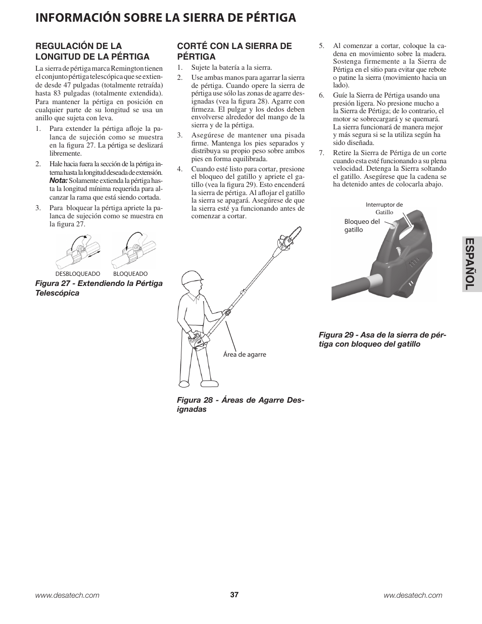 Información sobre la sierra de pértiga, Es pa ño l | Remington Power Tools 18 Volt Cordless BS188A User Manual | Page 37 / 46