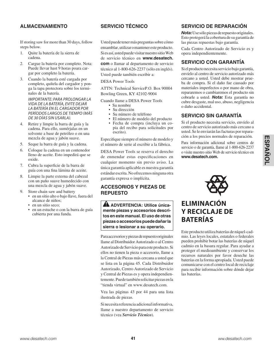 Eliminación y reciclaje de baterías, Es pa ño l | Remington Power Tools 18 Volt Cordless BS188A User Manual | Page 41 / 46