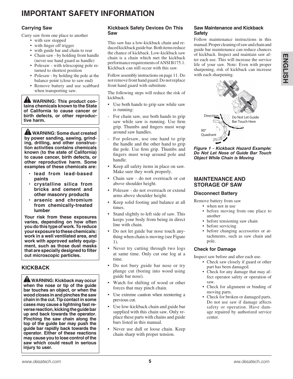 Important safety information, En g lis h | Remington Power Tools 18 Volt Cordless BS188A User Manual | Page 5 / 46