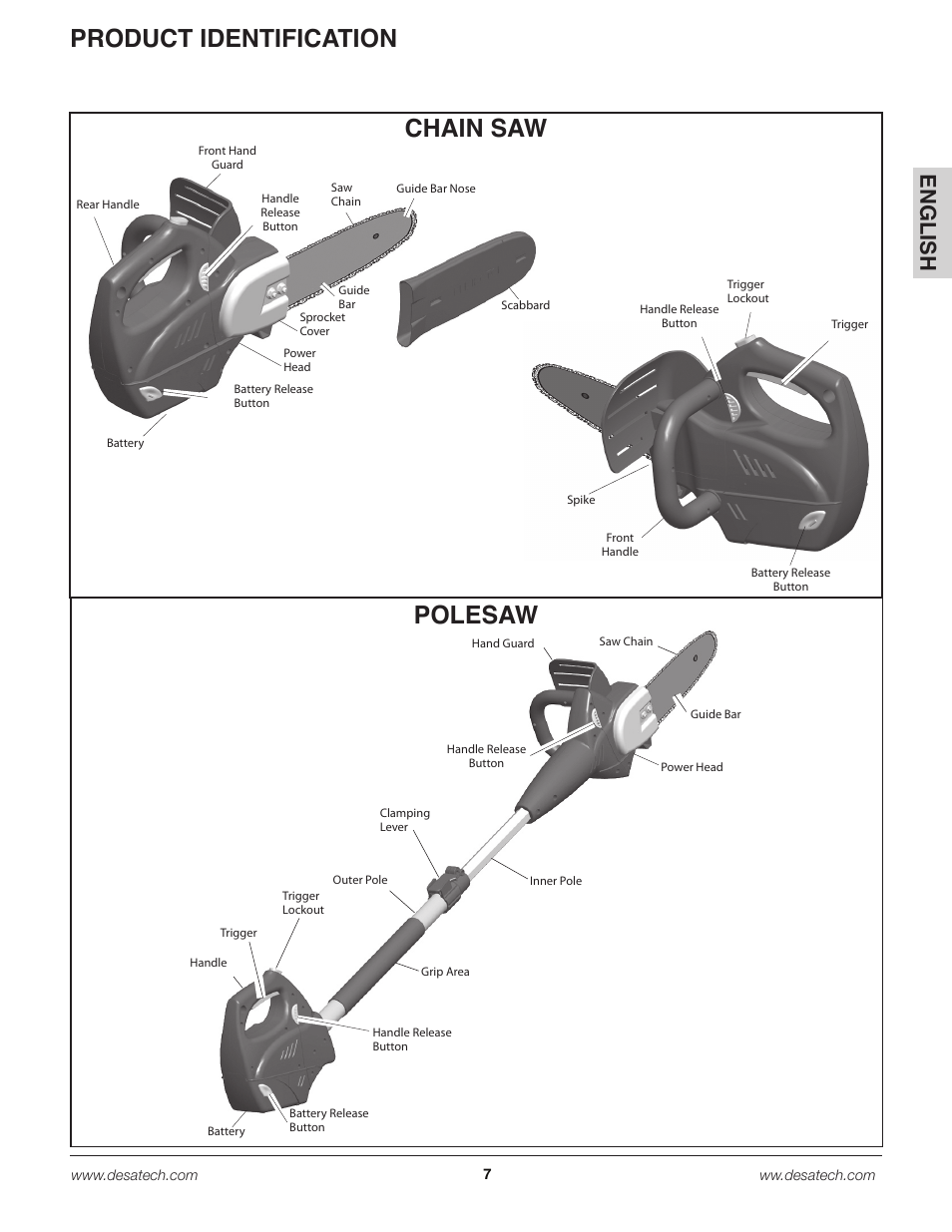 Product identification chain saw, Polesaw, En g lis h | Remington Power Tools 18 Volt Cordless BS188A User Manual | Page 7 / 46