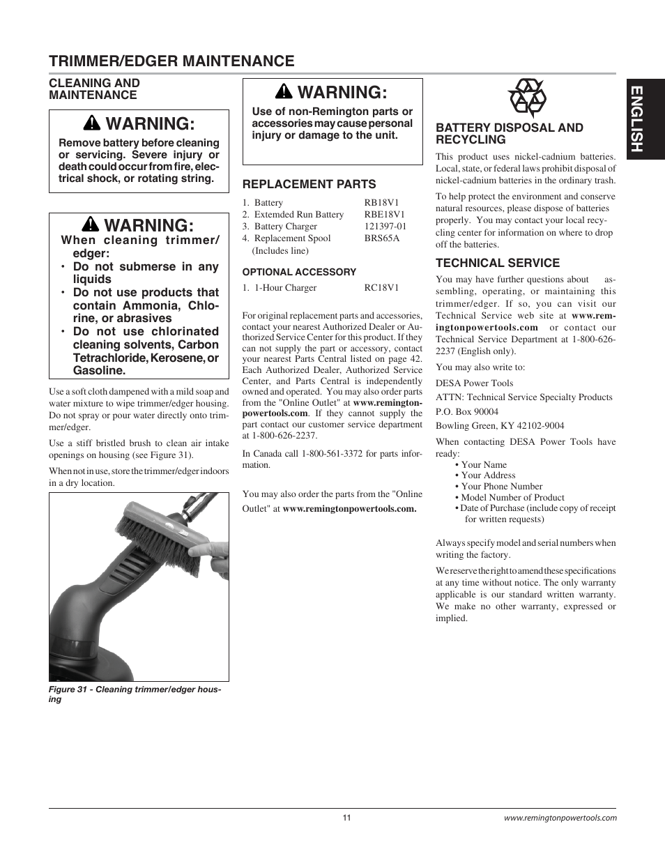 Warning, Trimmer/edger maintenance, En gli s h | Remington Power Tools BS1812A User Manual | Page 11 / 44