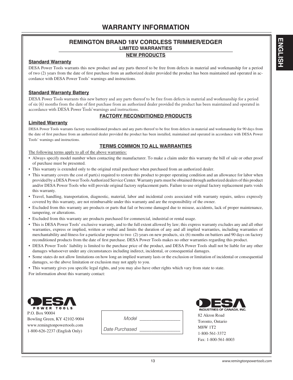 Warranty information, En gli s h | Remington Power Tools BS1812A User Manual | Page 13 / 44