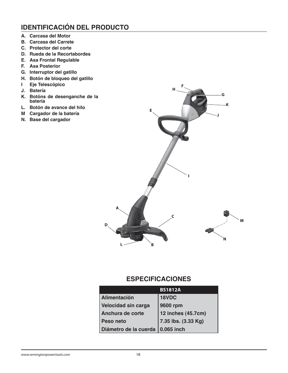 Identificación del producto, Especificaciones | Remington Power Tools BS1812A User Manual | Page 18 / 44