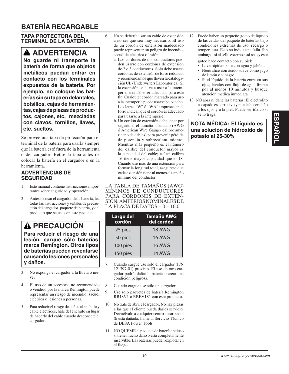 Advertencia, Precaución, Esp a ño l batería recargable | Remington Power Tools BS1812A User Manual | Page 19 / 44